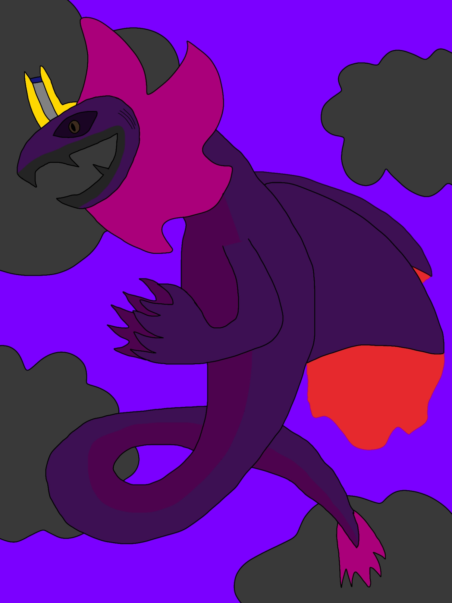 T.H.C a massive snake like Dragon with dark purple scales and a dark pink underside as well as two large arms with fully articulate 5 fingered hands. Instead of lips and teeth T.H.C has a black beak with several sharp protrusions to pierce and rip flesh and his brown beady eyes are protected by a hard black metallic covering instead of eyelids and he has gills instead if nostrils. On the back of T.H.C'S head and on the tip of his tail he has dark magenta feathers with which he can control air in order to control the weather. On his back T.H.C has two hallow boney wings that unleash large amounts of fire and heat to launch him through the sky.