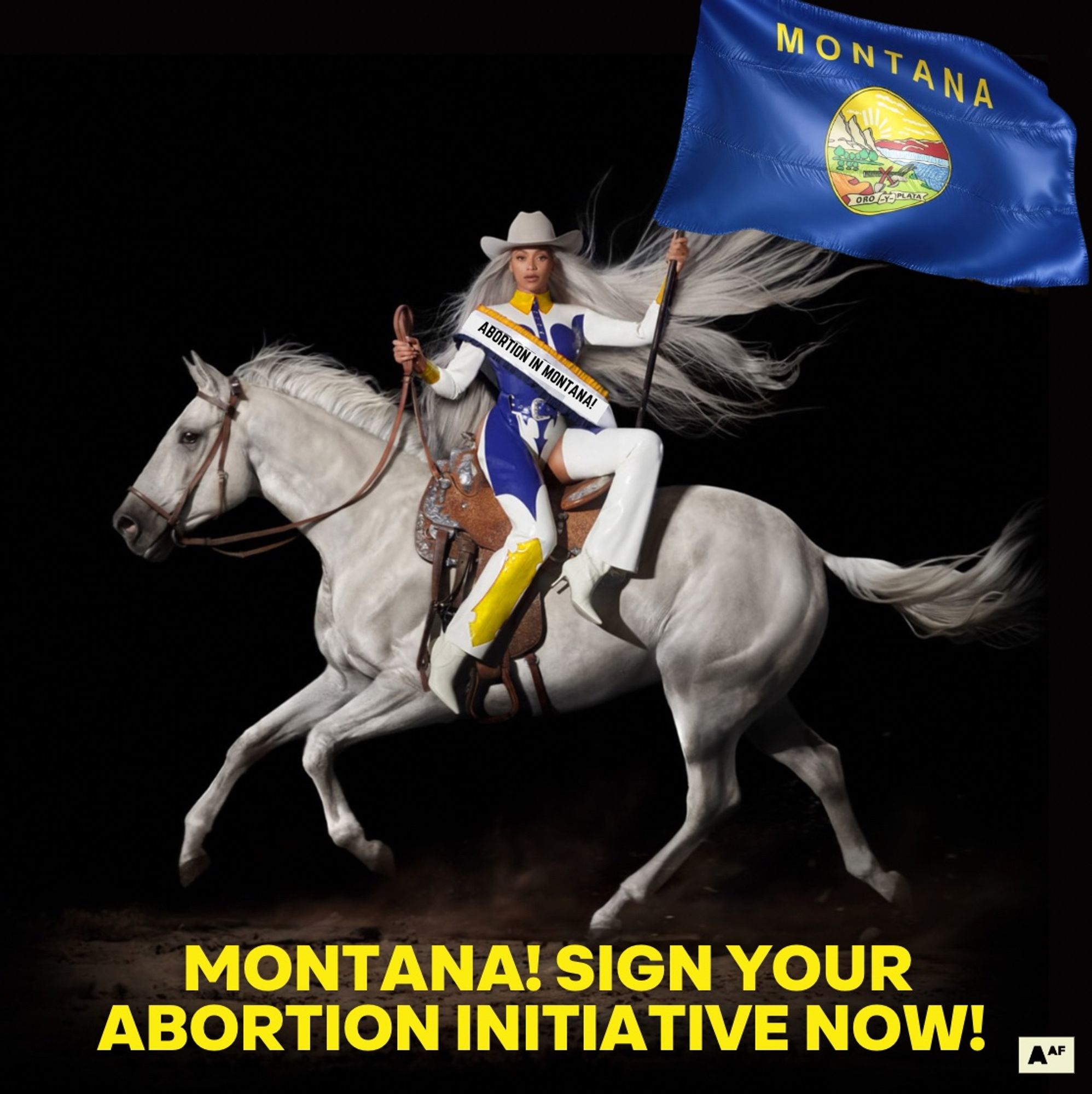 A meme of Beyoncé’s “Cowboy Carter” album cover where she is wearing the Montana colors, with the Montana flag, and her sash says “Abortion in Montana!” with a headline that reads, “Montana! Sign Your Abortion Initiative Now!”