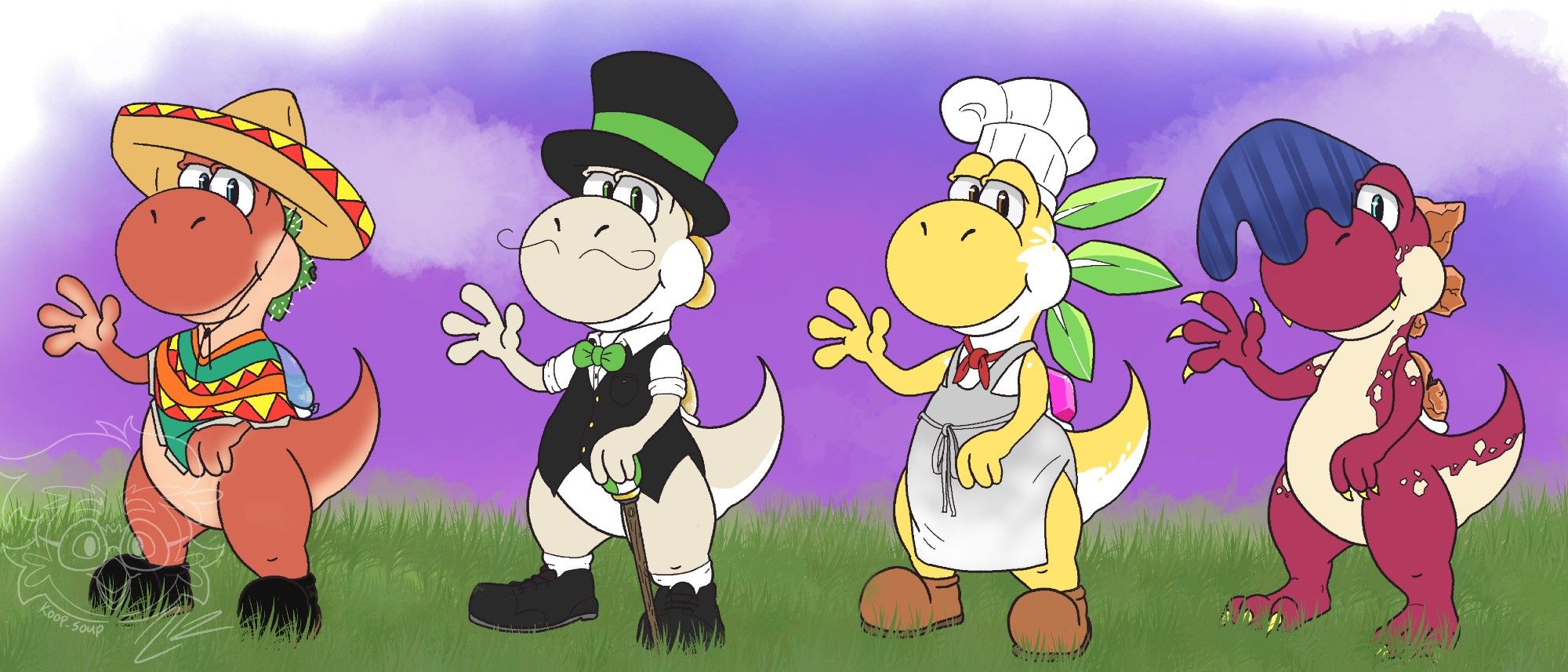 4 yoshis standing in a lineup. They are all based on different kingdoms from Mario Odyssey. From left to right, there is a tostarena yoshi, a bonneton yoshi, a luncheon yoshi, and a lost kingdom yoshi.