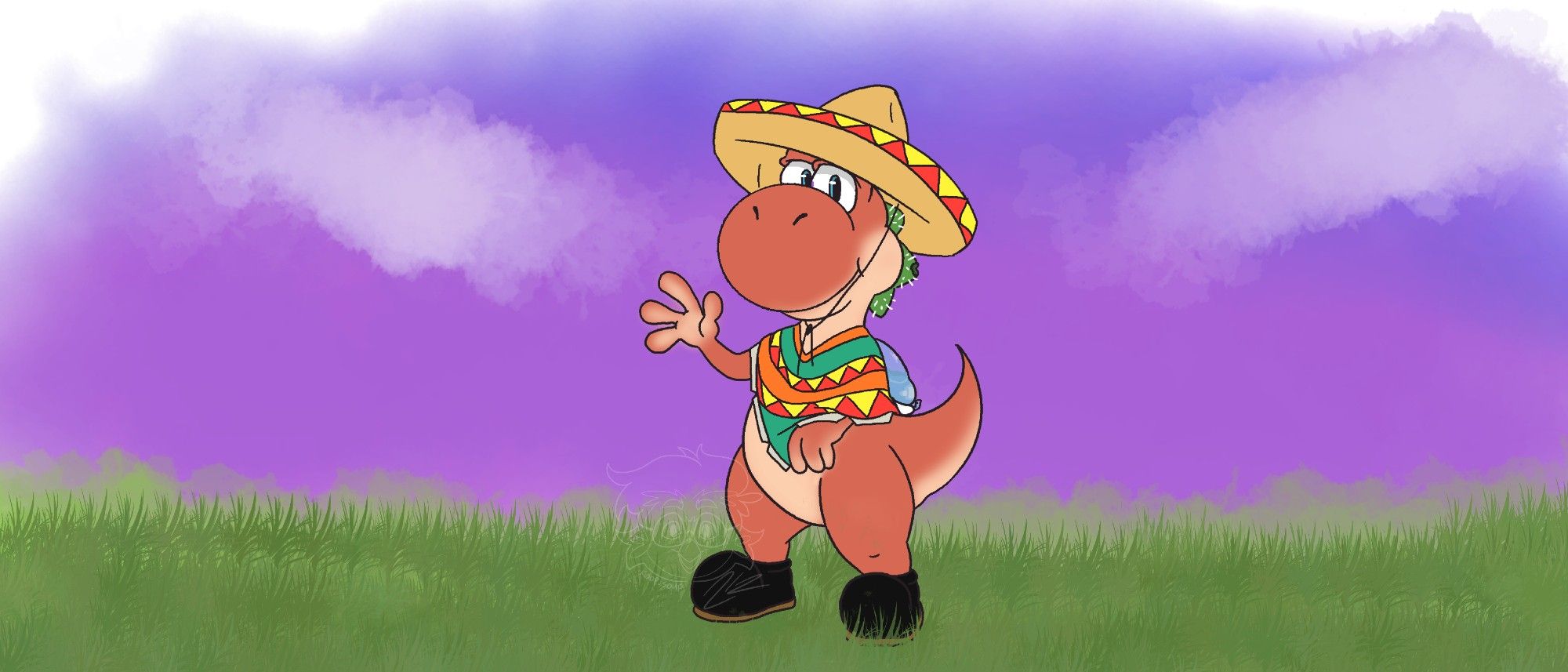 The first yoshi from the lineup, based on the Sand Kingdom. He is colored sand red with a beige stomach, and has a colorful sombrero and poncho.