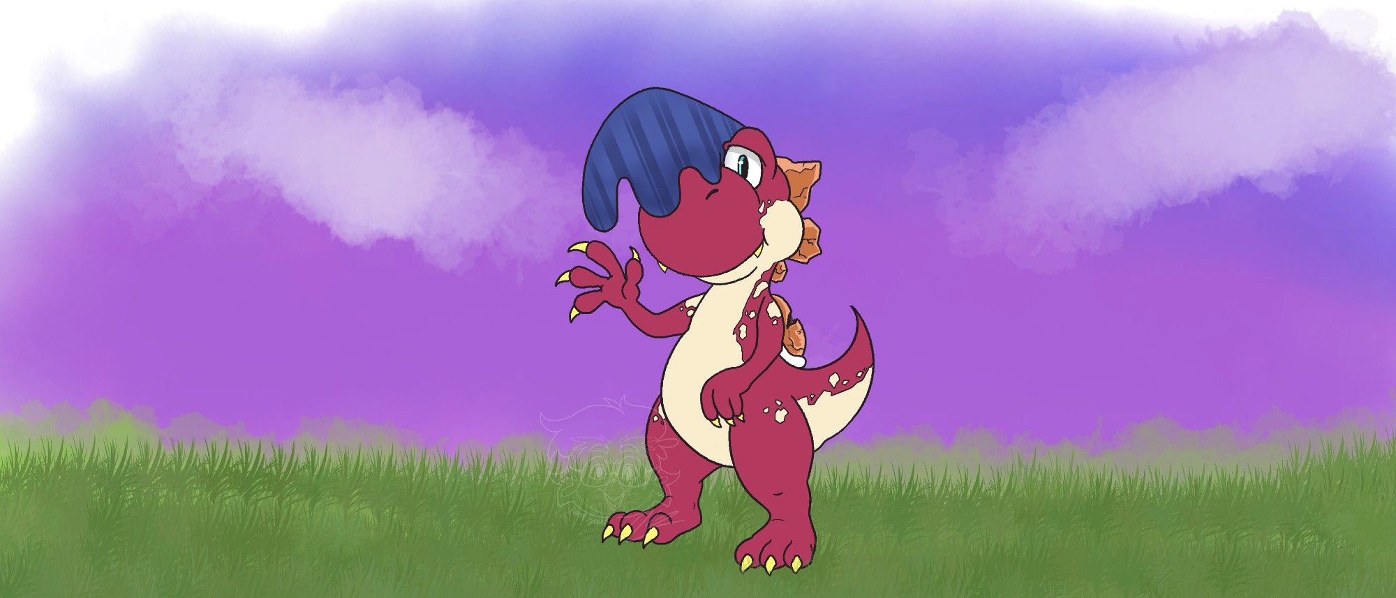 The final yoshi. They are red and have a tan belly. Their belly pattern is very cracked, somewhat like an egg shell. Their spines and saddle shell are made of rock. They have long claws on their hands and feet, and have a palm leaf over their head for shade.