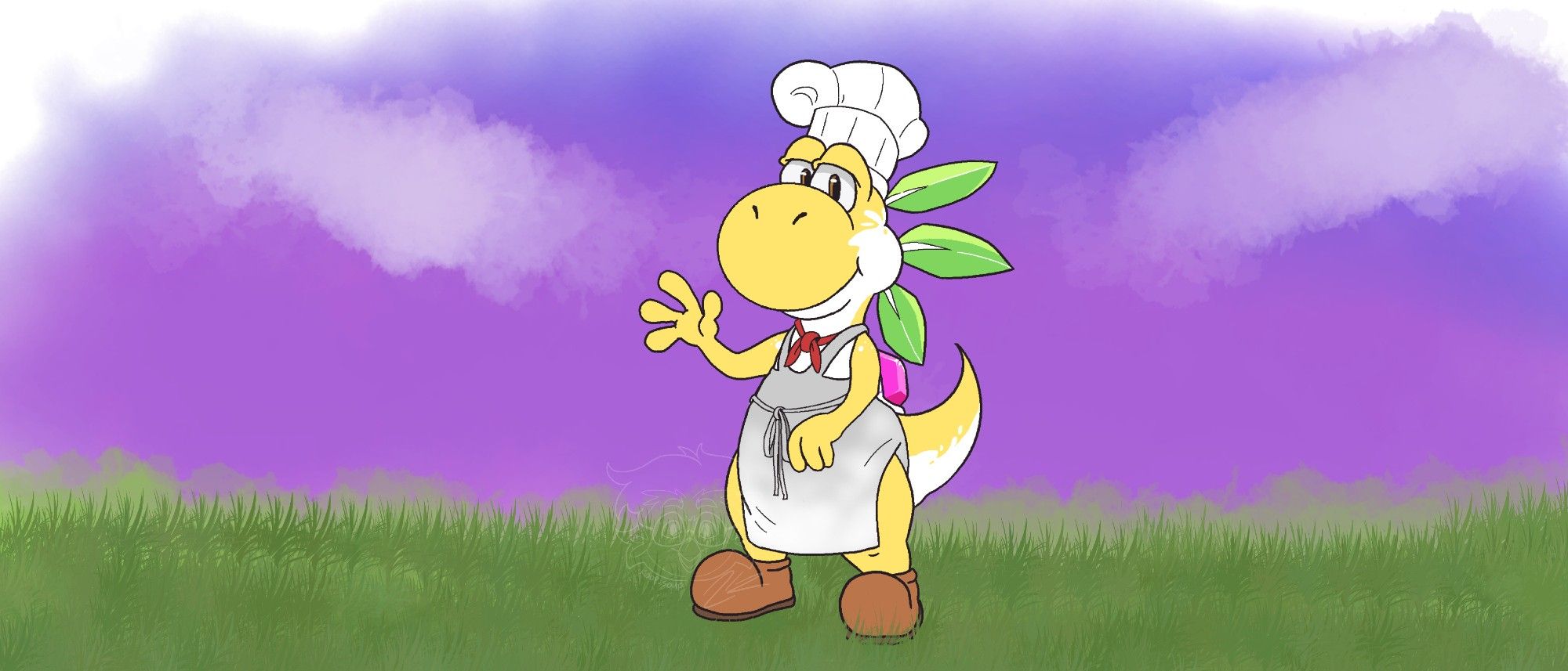 The third yoshi, based on the luncheon kingdom. He is a bright yellow, with a offwhite belly. He is wearing an apron caked with flower, a red scarf, and a chef's hat. His spines are made of radish leaves, and his saddle shell is a crystal bell pepper.