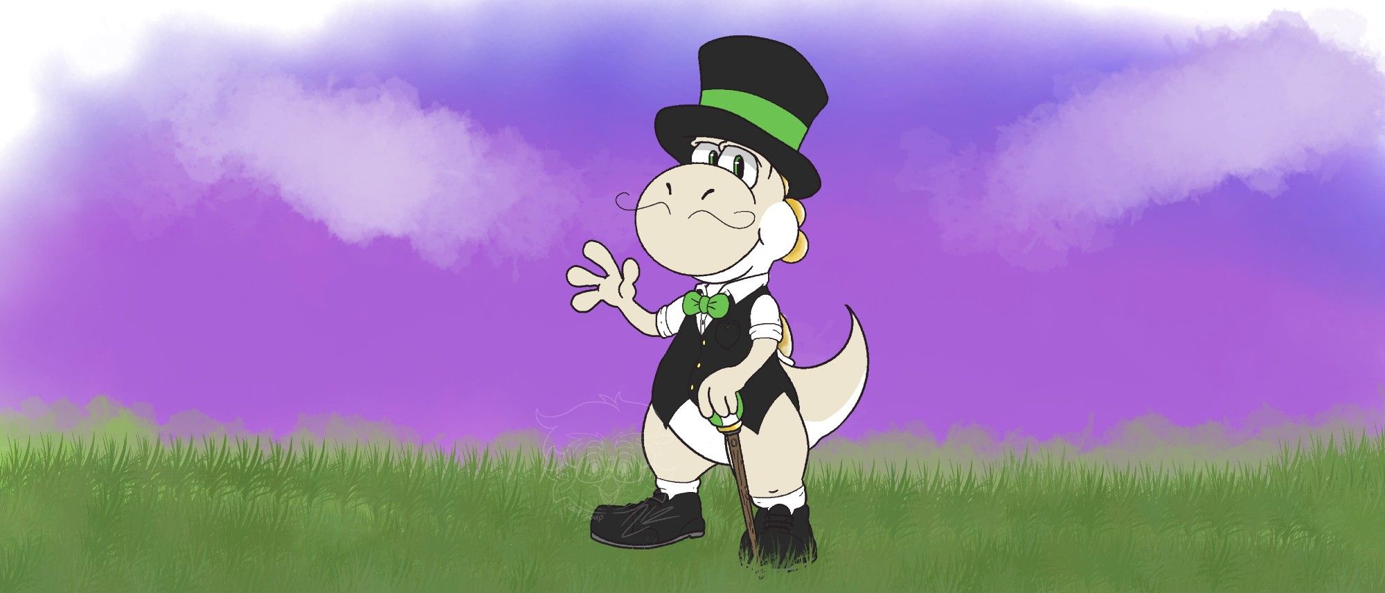 The second yoshi in the lineup. He is a very light tannish yellow with a white belly, and is wearing a white dress shirt and black vest. He is also using a cane with a yoshi egg adorned on top.