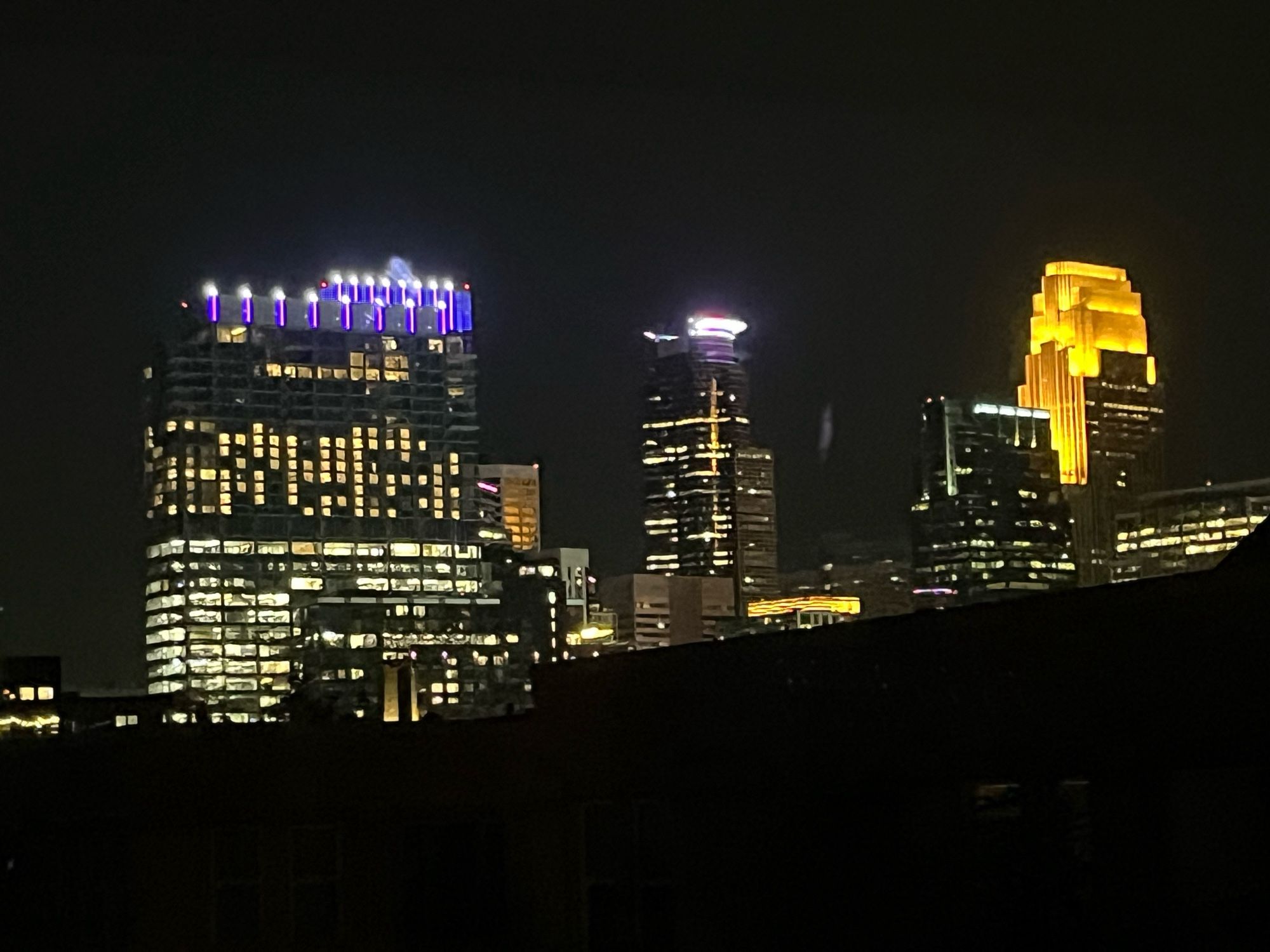 Downtown Minneapolis tonight. Not burned down.