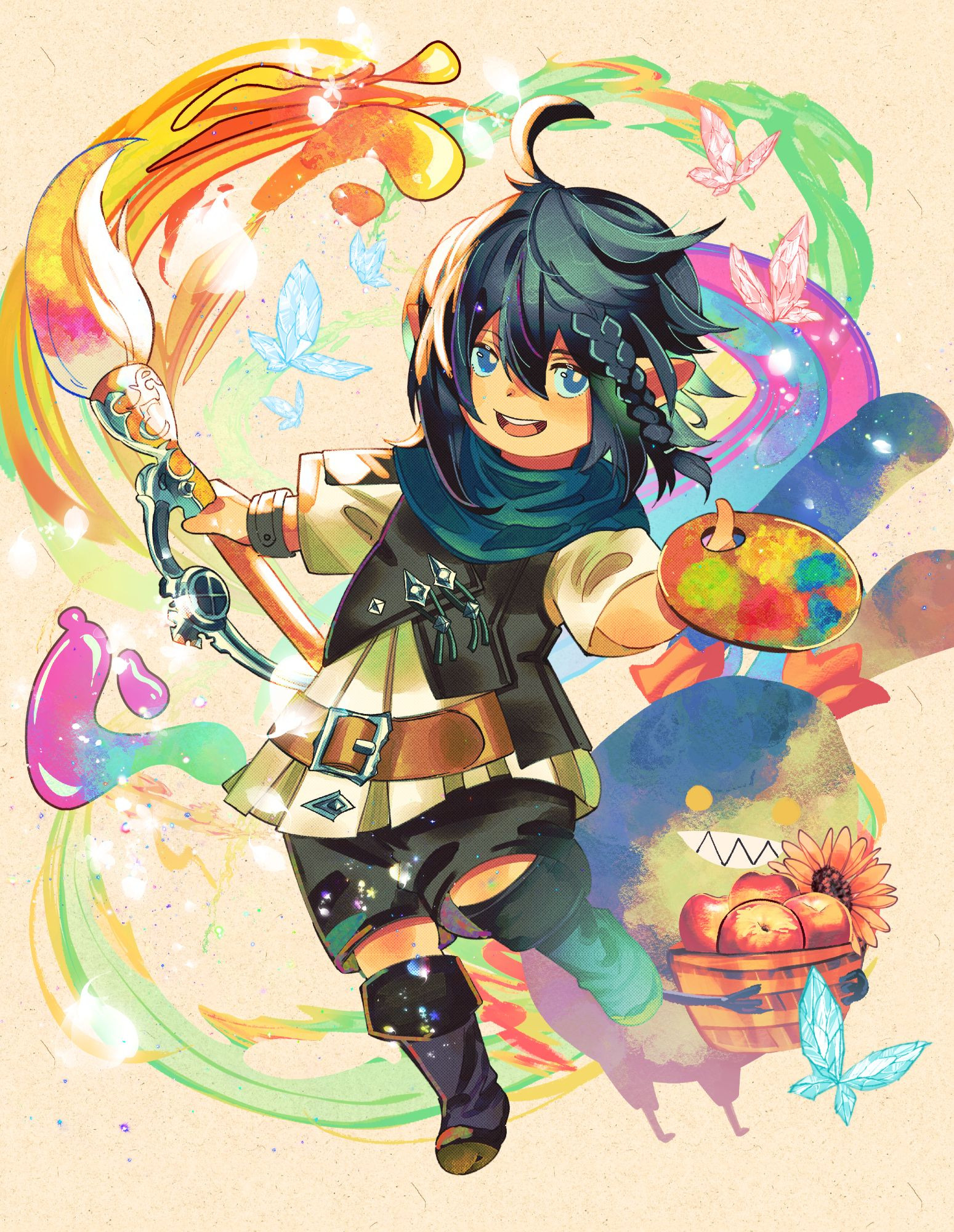 A Lalafell Dunesfolk male named Momozi using pictomancy, artistry based magic. The painter brushes a colorful rainbow behind him as his Spriggan pal happily holds a basketful of apples. The strokes of the paint linger in the air as prismatic butterflies flutter around the happy popoto