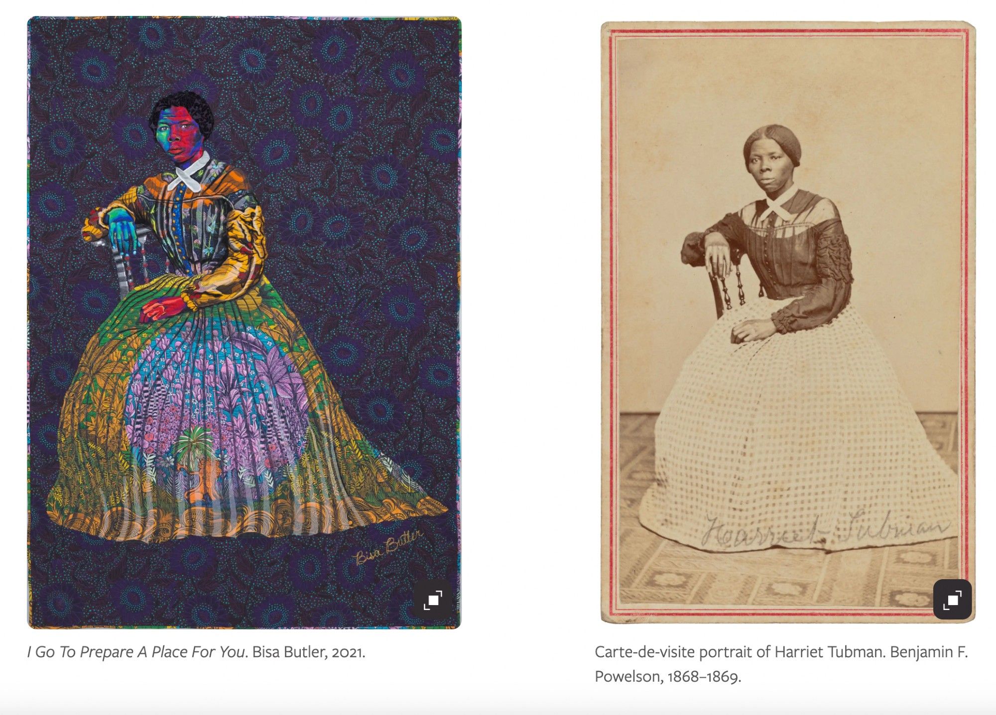 Bisa Butler's "I Go To Prepare a Place for You" quilt juxtaposed with the carte-de-visite of Harriet Tubman it is based upon. We were able to present the images side by side at equal size to make the transformation clear to viewers