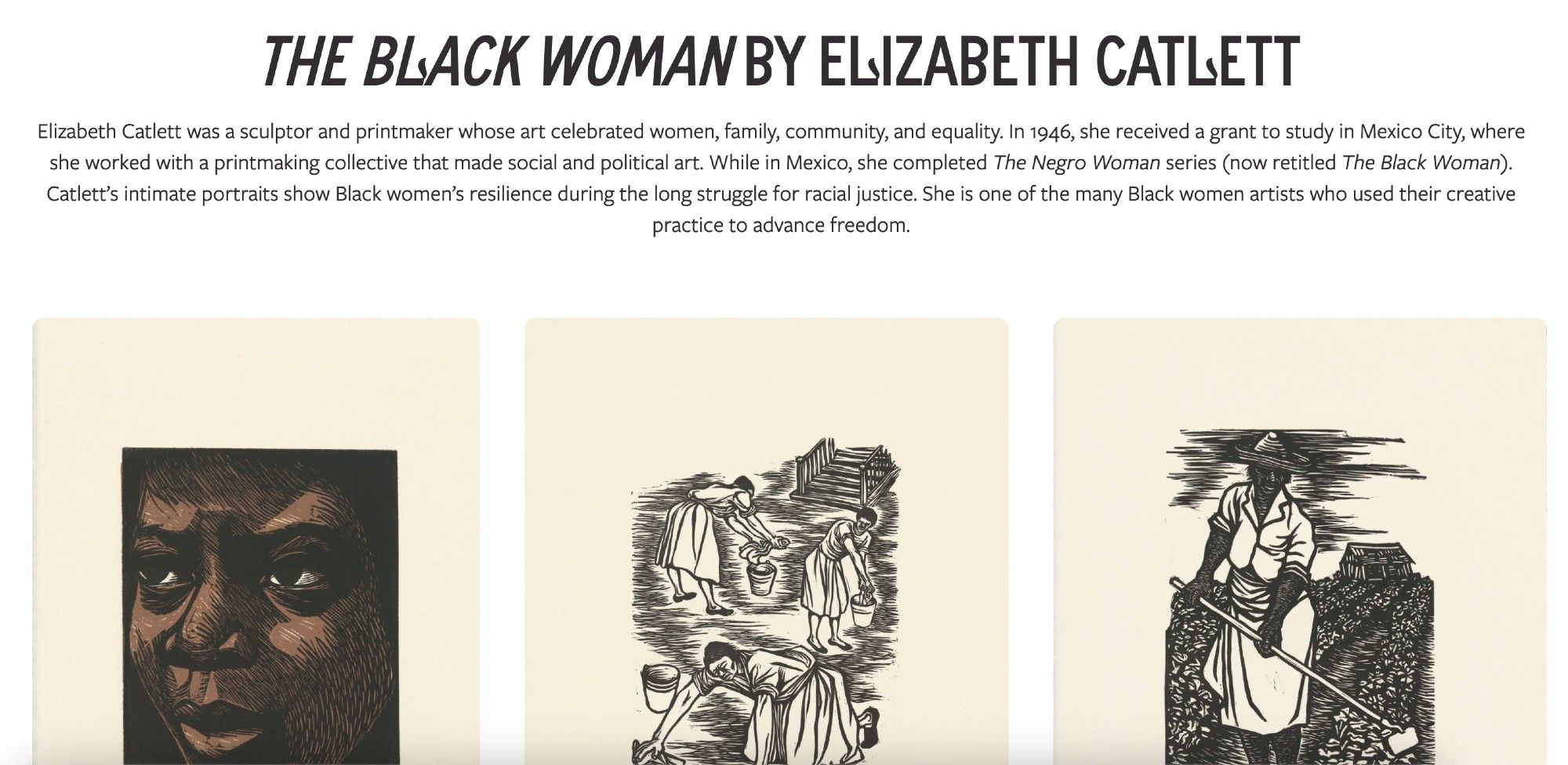 Headline "The Black Woman by Elizabeth Catlett" with descriptive text and then the first three images from this series of prints depicting Black women in many contexts