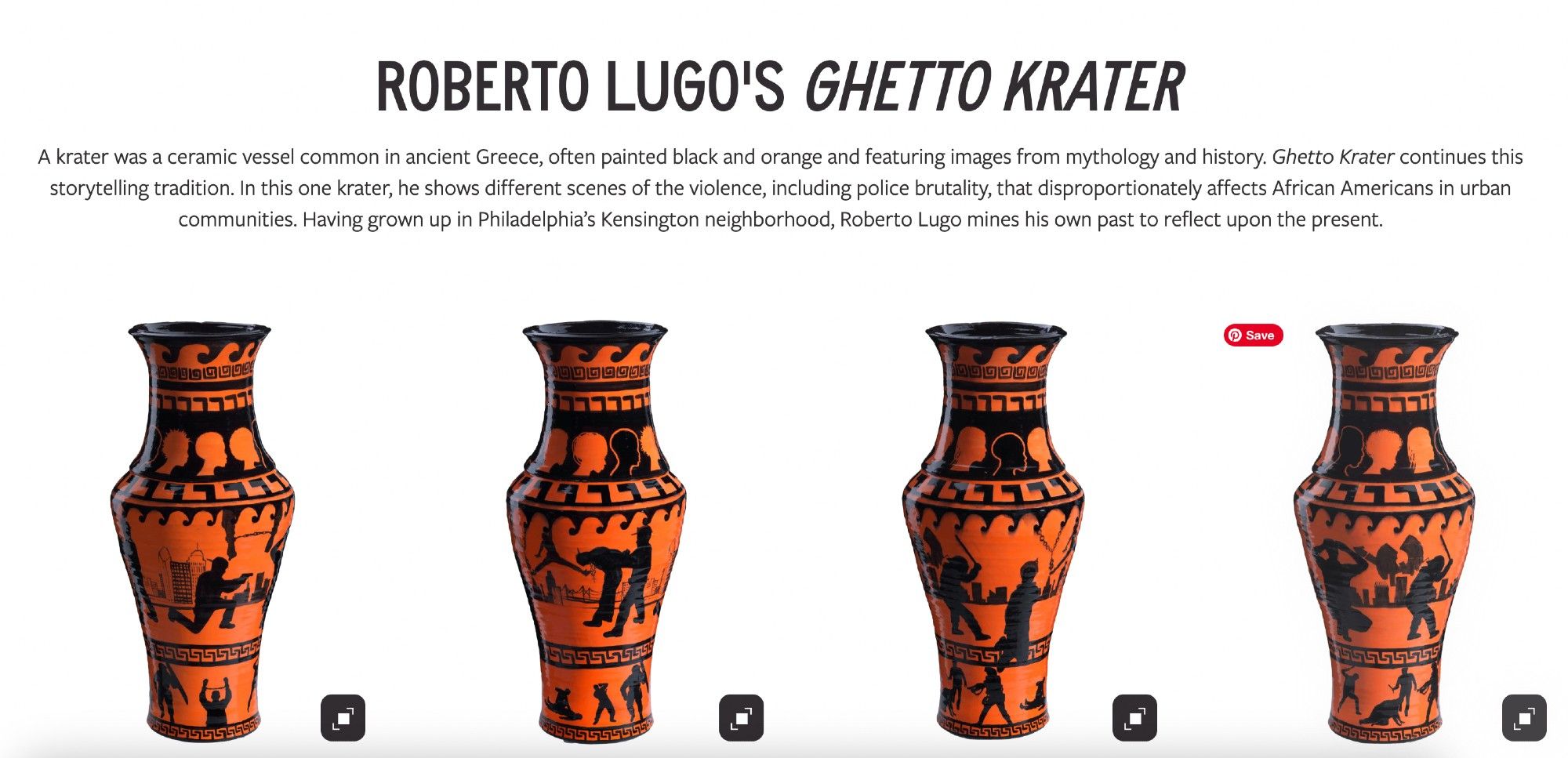 Headline "Roberto Lugo's Ghetto Krater" with descriptive text and four images showing different angles of his piece, which is based on an ancient krater but has illustrations from contemporary Black life