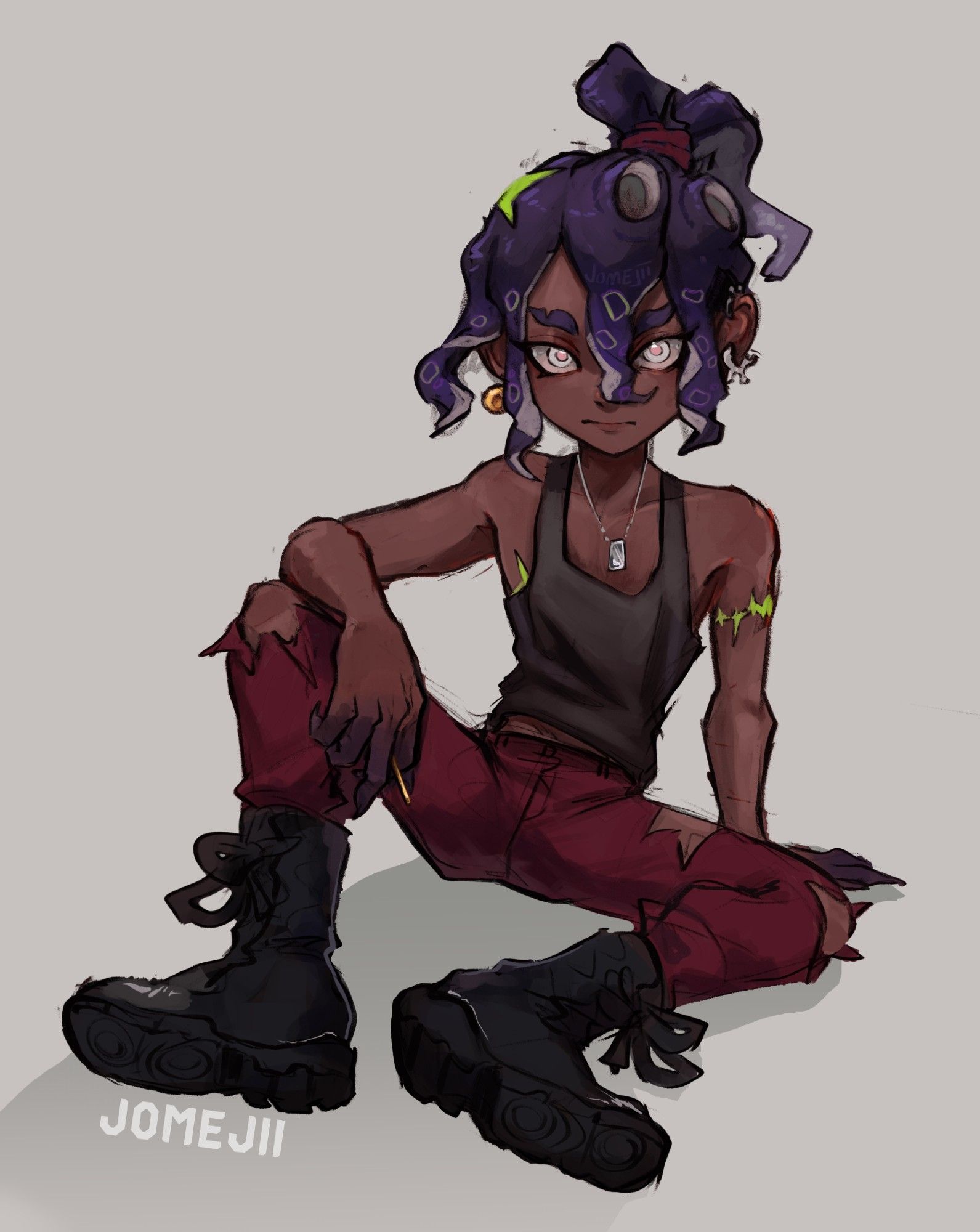 a splatoon octoling oc sitting with one leg propped up and their arm resting on it - golden toothpick in hand. They have long curling tentacles framing their face with two more tied up in the back. They also have lime green scarring on their body and tentacles.