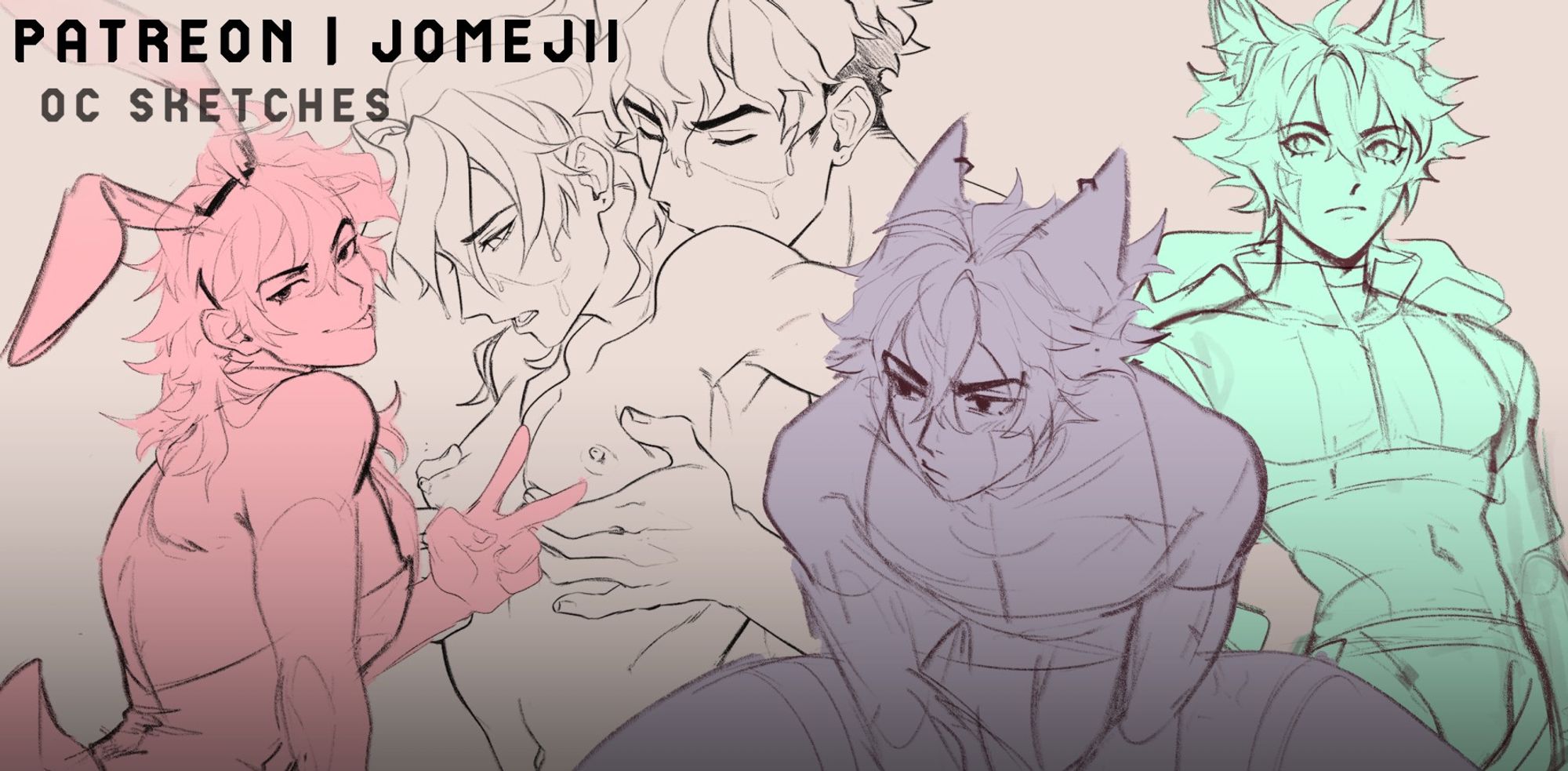 cropped preview of 4 different sketches with minimal to no color of my ocs