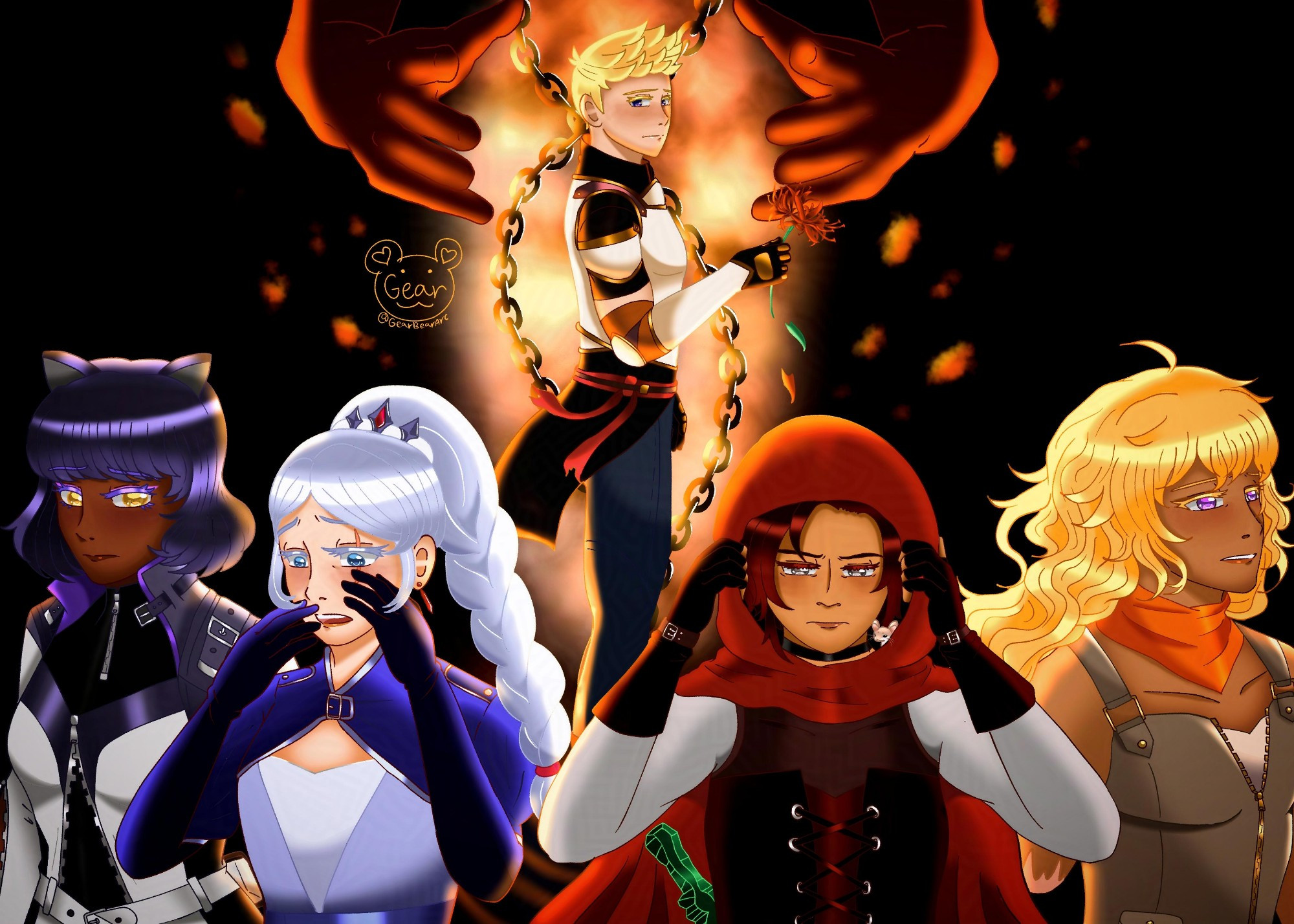 Horizontal art piece featuring 5 characters from animated series, RWBY. Drawn pre-volume 9 with personal predictions. From left to right, Blake, Weiss, Ruby, and Yang are drawn to have their backs turned away from Jaune. Emphasis on their expressions: Blake is concerned for her teammates, Weiss is emotional + distraught (after V8's finale with Penny *spoiler*), Ruby places on her hood over her head with a pained look as a remaining glowing green blade of Penny's is carried behind her back, and Yang looks up hopeful/towards the future (after her conversation with Ruby in v8 about needing hope). Jaune stands in the center of the piece behind his friends with a pained, guilty expression as two large hands hover above him and a bright, red gap of lighting with flame particles is drawn behind him. The rest of the background is pitch black. The hands and the red lighting symbolize my early prediction for what I believed the Blacksmith lady in volume 9 to be a potential antagonist (turned out to be debunked).