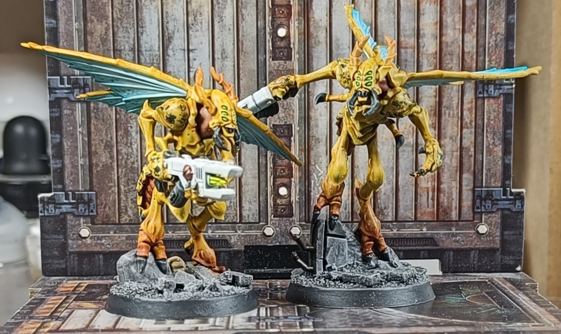 Picture of two model vespids painted yellow