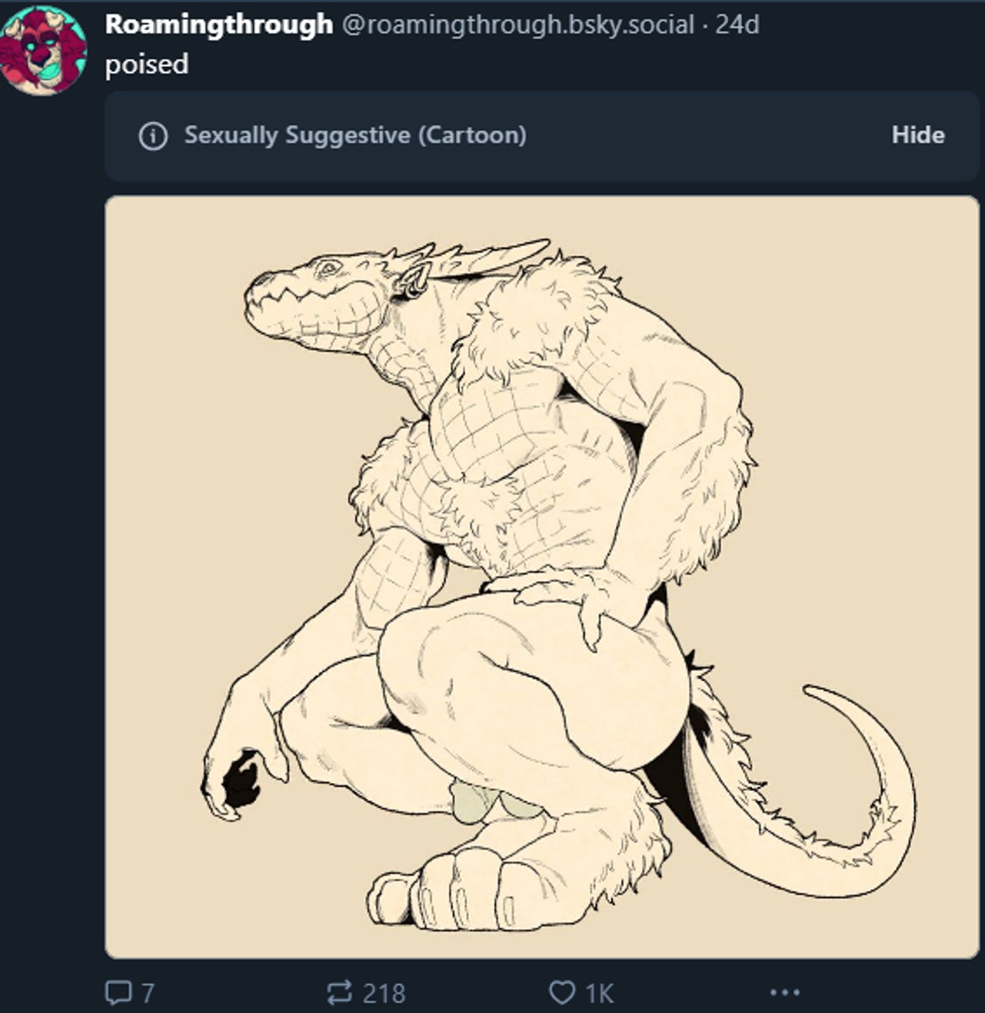 A muscular, anthro, furry lizardman of some kind, the tip of his penis and part of his balls are visible. The image is, overall, a fairly tasteful nude.