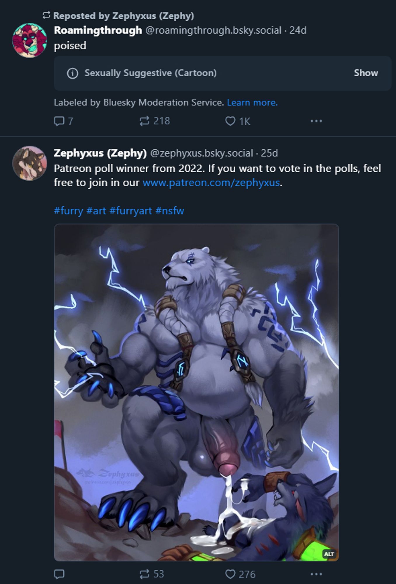 An image of an anthro wolf with markings and braids, his cock is fully visible, uncut, with heavy balls, pouring cum from the tip of his cock onto another wolf, covered in his seed.

Above that image is a hidden image with a "sexually suggestive (cartoon)" disclaimer, causing the user to have to manually click "show" to unhide the art.