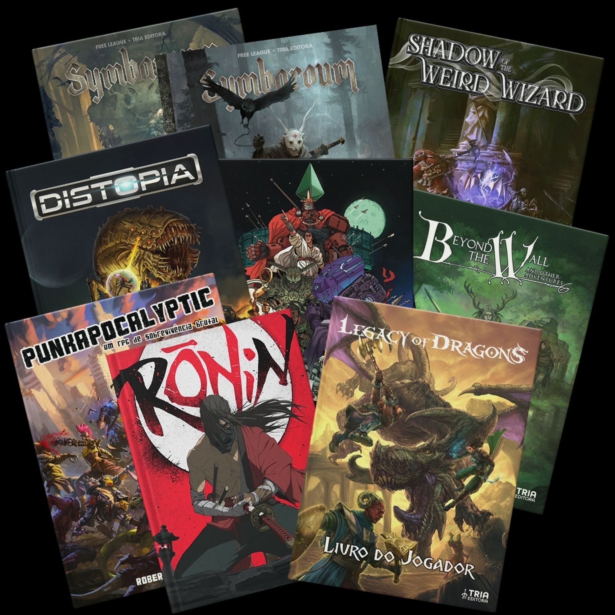 Capa de alguns dos livros mencionados no evento Tria Insider. As capas exibidas são dos jogos Legacy of Dragons, Ronin, PunkApocalyptic, Beyond the Wall, Lancer, Distopia, Shadow of the Weird Wizard e Symbaroum.