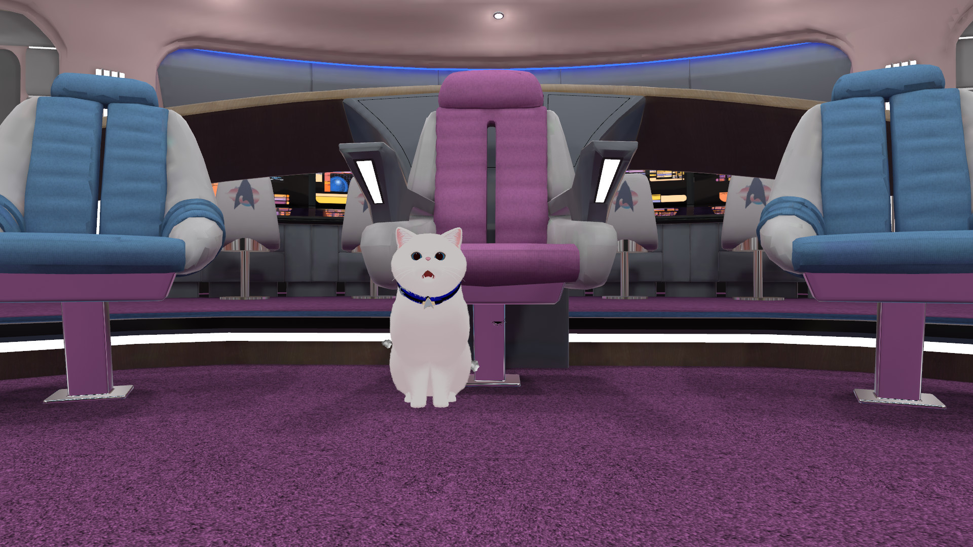 A Satan [member of a colony of emotional support animals on the USS Androgyny] sits in front of the Captain's Chair on delta shift. The Ensign who took the photo waited for the ship to hit warp to capture the cat's reaction.