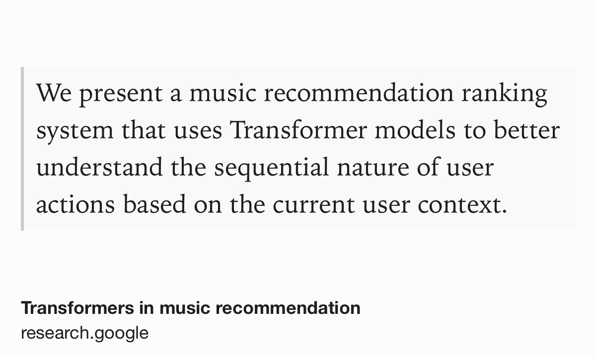 Text Shot: We present a music recommendation ranking system that uses Transformer models to better understand the sequential nature of user actions based on the current user context.