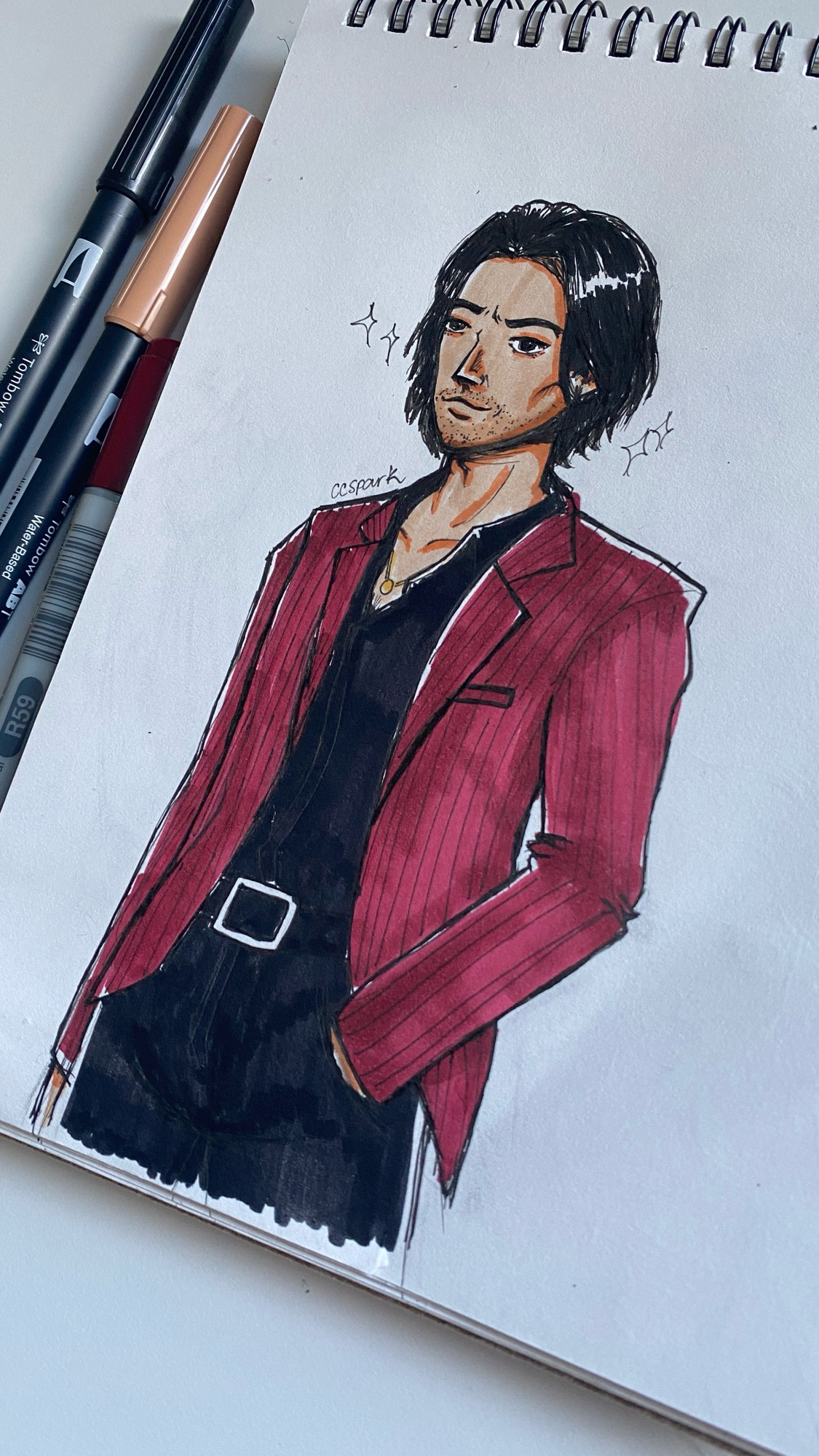 Shun Akiyama from the Yakuza game series. Drawn with fineliners and coloured with markers.