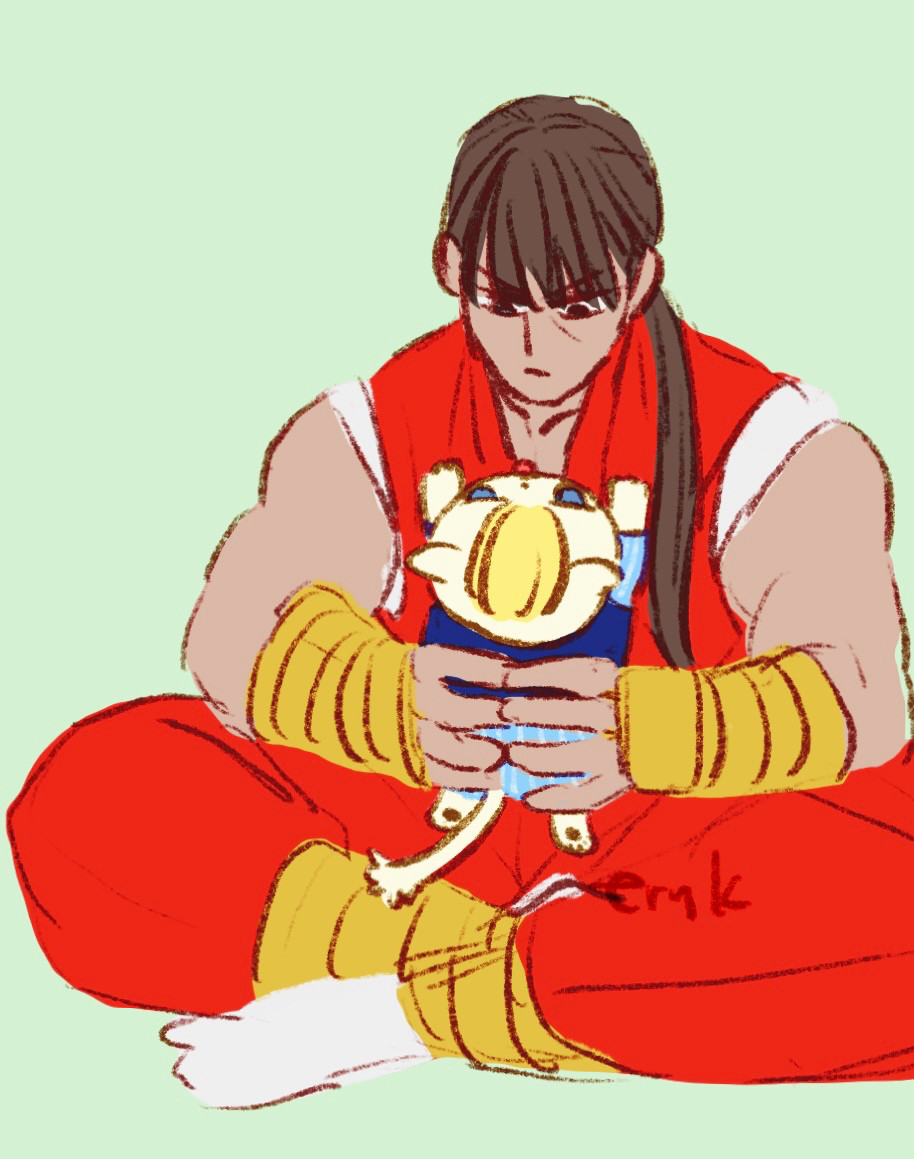 The illustration shows Guy with a low ponytail and red ninja outfit sitting cross-legged and holding up a cat that looks like Cody in his arms.