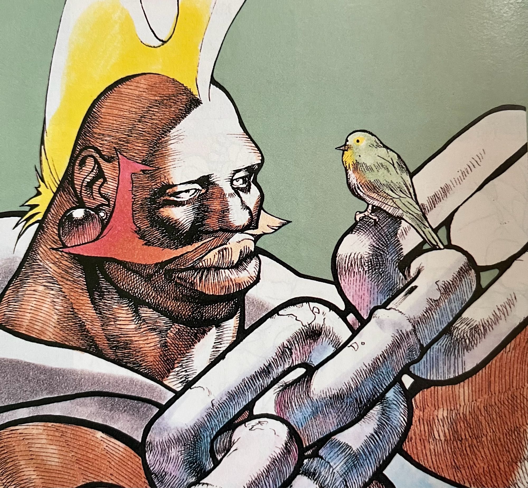 An illustration of a birdie gazing tenderly at a small bird perched on a thick chain.