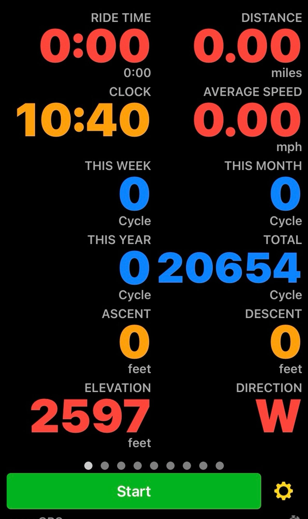 Bicycling app showing 0.00 miles