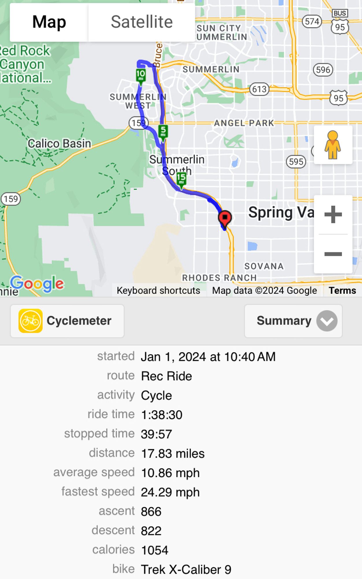 Route I rode today from Tropicana to Summerlin Parway and back