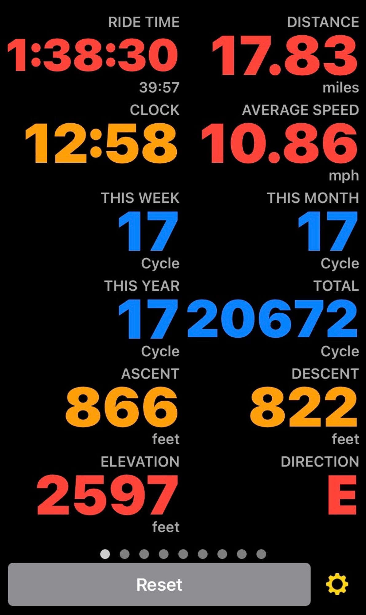 Bicycling app showing 17 miles