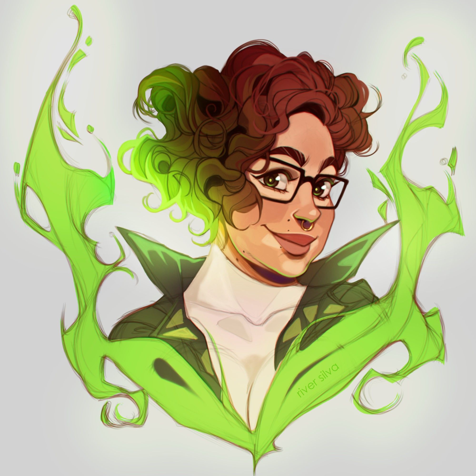 Hello World! I'm River, a digital artist part-time and a nerd on the regular. Here's my first post on my new account. It's a quick self-portrait. 

The image is a self-portrait of the artist, surrounded by neon green flames that reflect off their eyes and curly auburn hair.