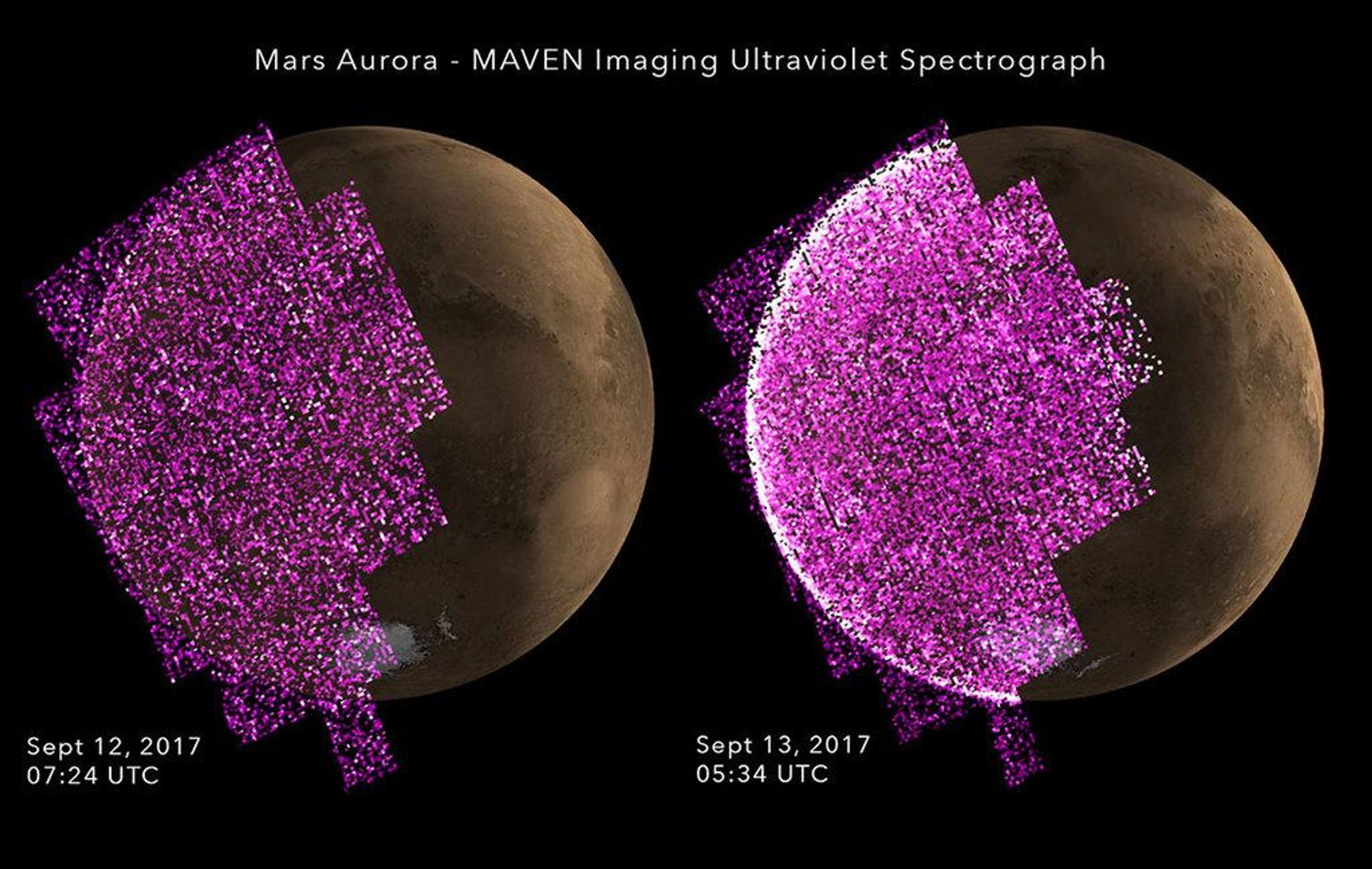 Two images of Mars side-by-side. The image on the left shows a small amount of ultraviolet light emission from the Martian aurora before a solar storm on September 12, 2017. The image on the right shows a much larger amount of ultraviolet light emission from the Martian aurora after a solar storm on September 13, 2017. The images are from the MAVEN spacecraft's Imaging Ultraviolet Spectrograph. The image on the right shows the aurora more than 25 times brighter than previously detected. This strong solar event resulted in dangerous radiation levels for Mars, doubling what was previously measured by the Curiosity rover. MAVEN is studying whether Mars lost its atmosphere due to its lack of a global magnetic field.