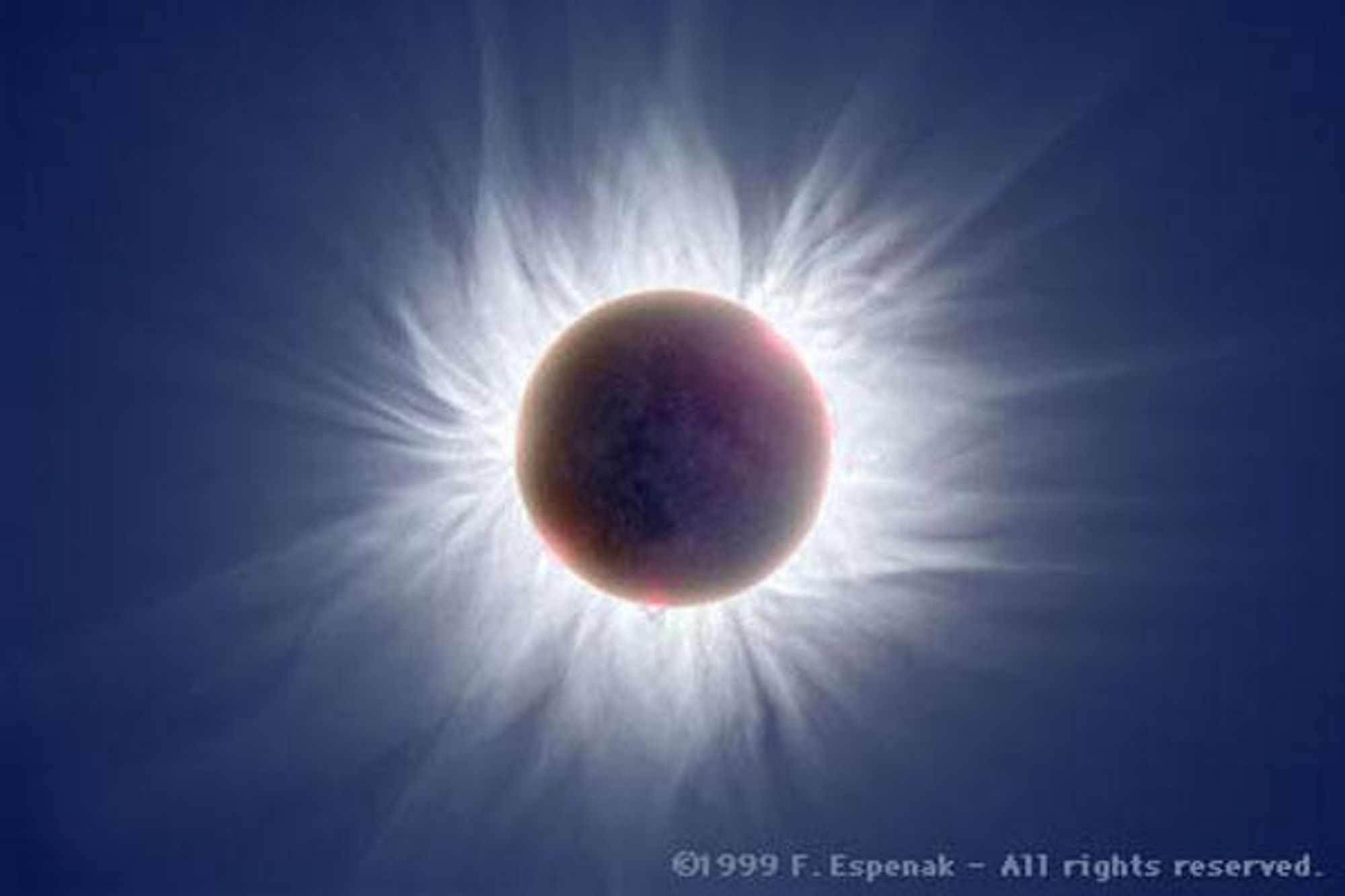 A composite image of a total solar eclipse that occurred in August 1999. The image was created from 22 separate photos that were digitally enhanced to show the corona, a halo of plasma surrounding the Sun, and the faint glow of the moon. The image is a testament to the power of digital image processing in revealing the beauty of celestial phenomena.