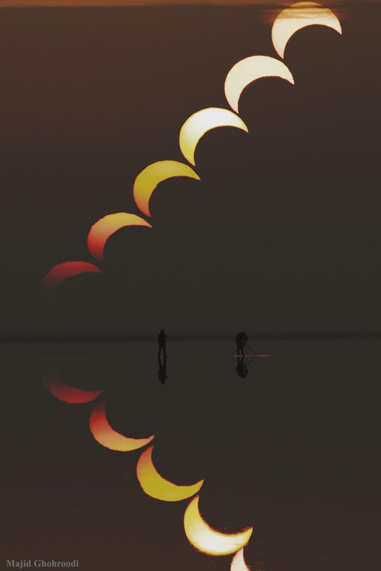 A composite image of a partial solar eclipse captured over Soltan Salt Lake in Iran. The image shows the Sun partially eclipsed by the Moon as it sets, with the image reflected in the water of the lake. The image is comprised of six individual images, each capturing a different stage of the eclipse.  Two photographers are silhouetted in the foreground, capturing the event.