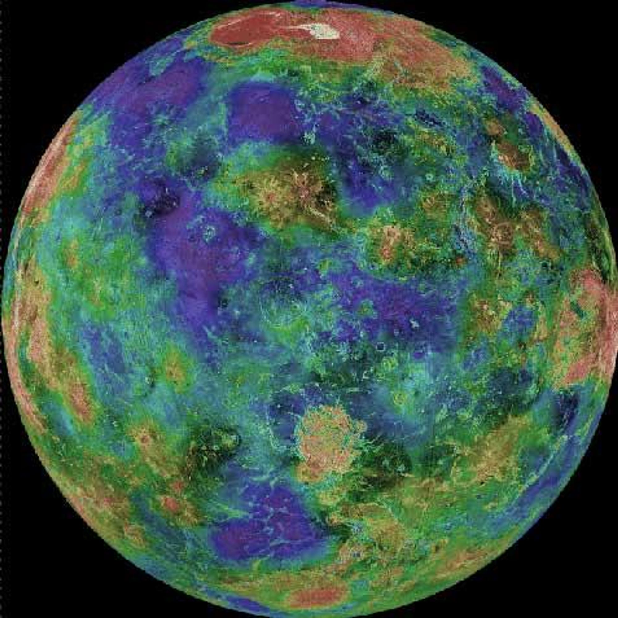 A false-color image of Venus' surface as seen by the Magellan spacecraft. Red indicates mountains, blue represents valleys. The large yellow/red area in the north is Ishtar Terra featuring Maxwell Montes, the largest mountain on Venus. This image is a composite of Magellan images from 1990-1994 and filled in with data from the Arecibo Radio Telescope.