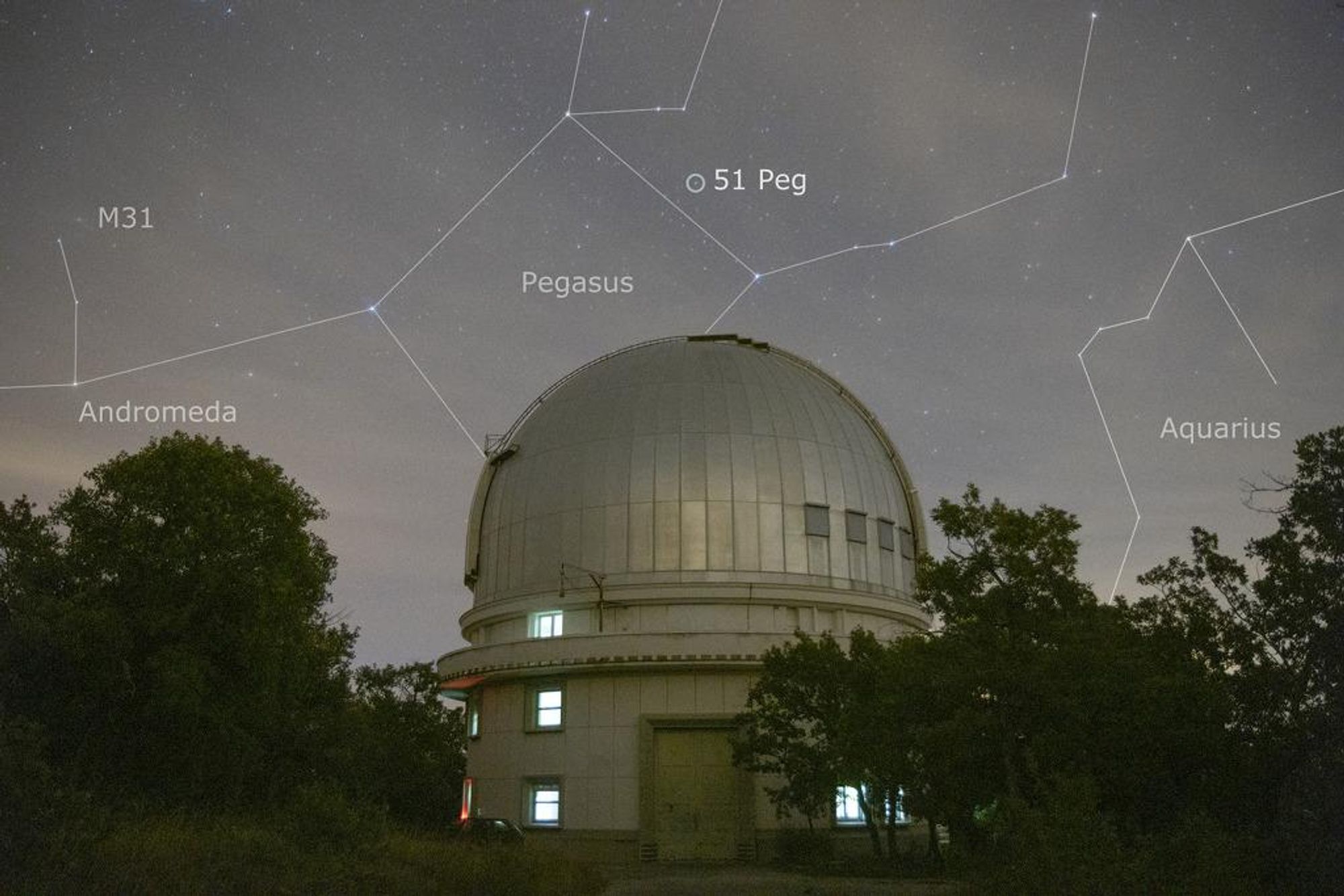 A photograph of the dome at Observatoire de Haute-Provence in France, with the constellation Pegasus visible in the sky above. The star 51 Pegasi, host to the first exoplanet ever discovered, is labeled in the image. The Andromeda galaxy (M31) is also visible in the upper left of the image.