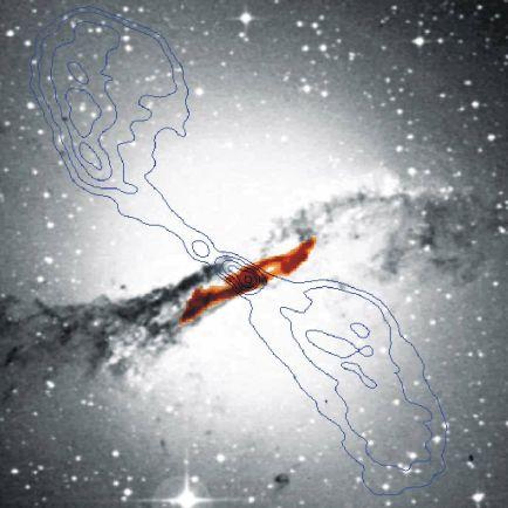 Composite image of the active galaxy Centaurus A (Cen A), showing its radio lobes and a hidden barred spiral galaxy. The spiral galaxy is fueling the central black hole of Cen A, creating the radio lobes. The image highlights the intricate cosmic dance of these two galaxies, their intertwined fate as a cosmic symbiosis.