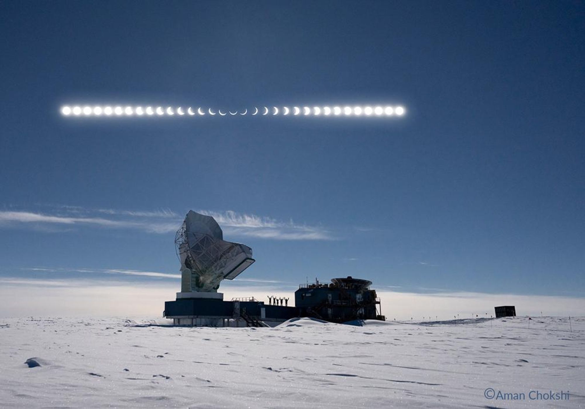 A timelapse of the December 4, 2023 solar eclipse seen from the South Pole, with the Sun traversing the sky in a line of images taken every four minutes. Five people stand on the roof of the Amundsen-Scott station's Dark Sector Laboratory with the South Pole Telescope (left) and BICEP telescope (right) in the background. The eclipse was a partial eclipse, with the New Moon blocking 90% of the solar disk at its maximum.