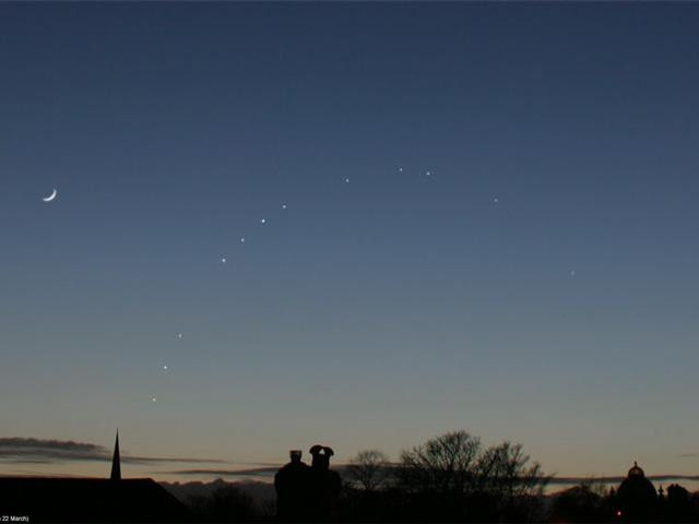 A composite image showing the path of the planet Mercury across the sky in March of 2004.  The image was taken in Leeds, England over a period of several days, with each picture taken 33 minutes after sunset. Mercury is seen as a faint dot, following an arc above the western horizon, trailing the crescent moon.