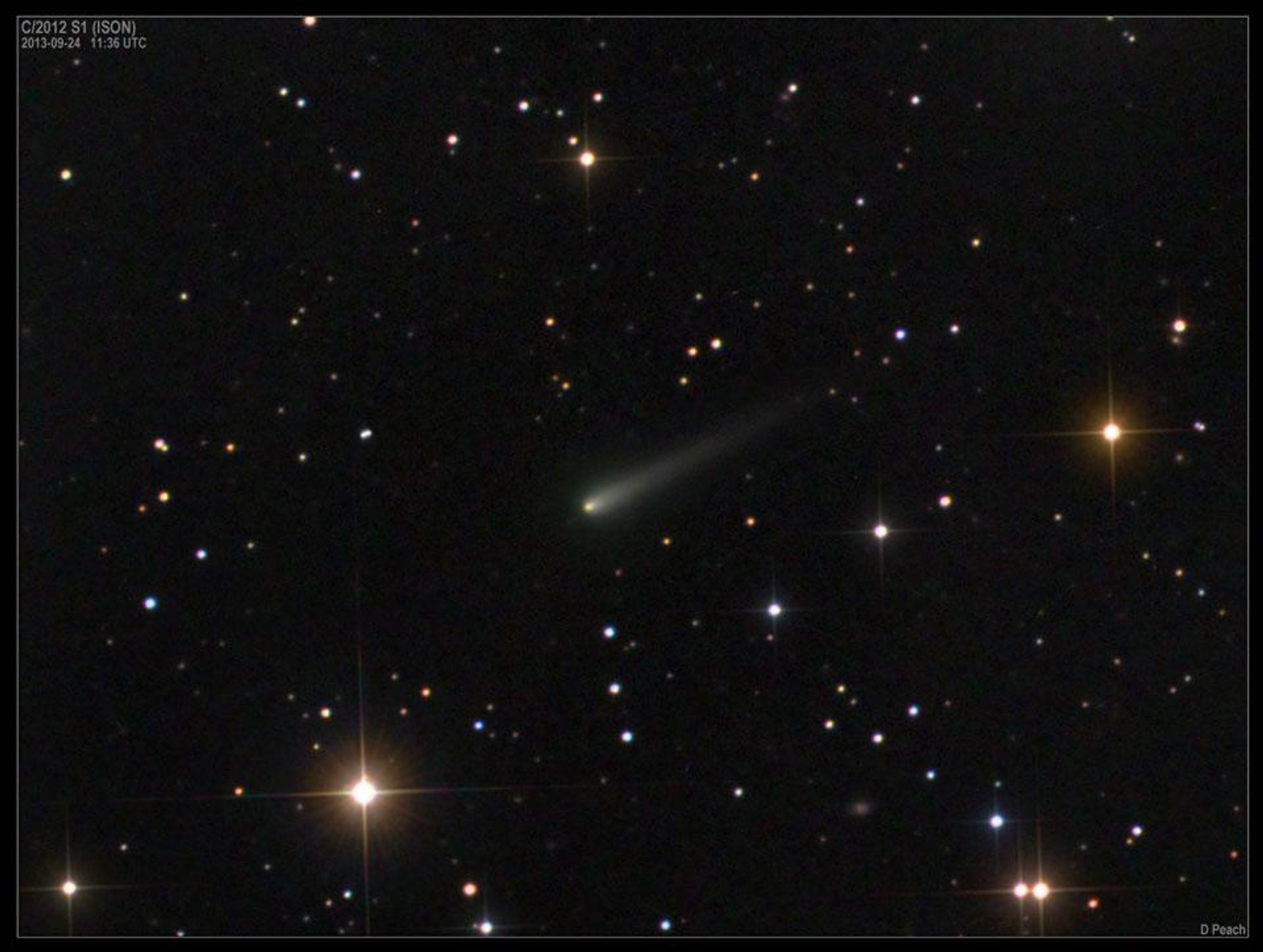 A long exposure image of Comet ISON, with a faint tail, surrounded by stars.  This image was taken on 2013 September 24th about two weeks before the comet passed near Mars.  The Mars Reconnaissance Orbiter captured a direct image of the comet as it passed by.  As Comet ISON approaches the Sun, it may become brighter than the Moon.