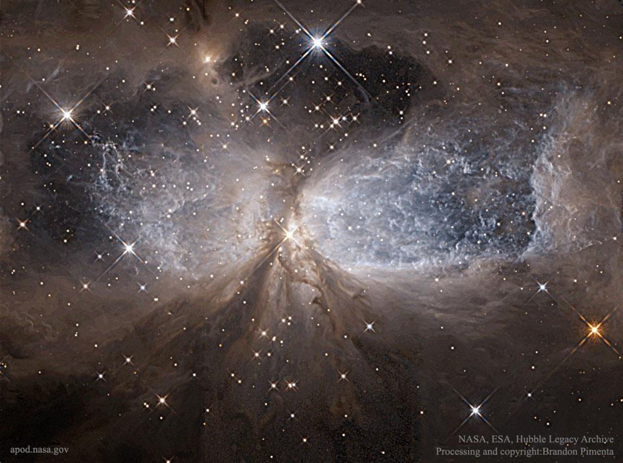 A stunning image of the Sharpless 2-106 Nebula, also known as S106, illuminated by the massive star IRS 4 at its center. The nebula's hourglass shape is formed by a disk of dust and gas surrounding IRS 4. The gas closer to the star glows brightly as an emission nebula, while the dust further away reflects light and appears as a reflection nebula. Hundreds of brown dwarfs are hidden within the nebula's gas.