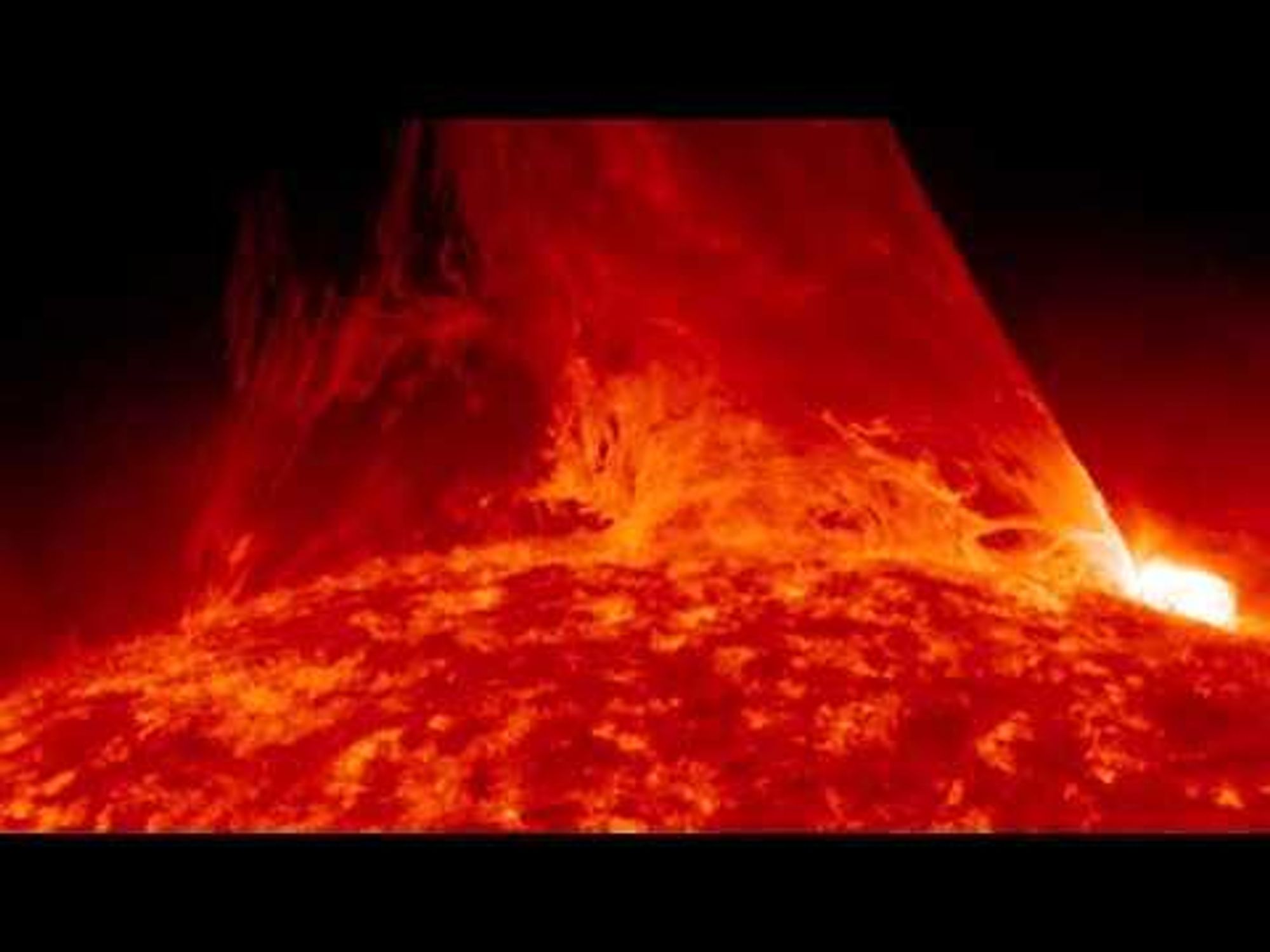 A time-lapse video captured by NASA's Solar Dynamic Observatory (SDO) showing an erupting solar prominence in ultraviolet light. The prominence is so large that the entire Earth would fit under it.