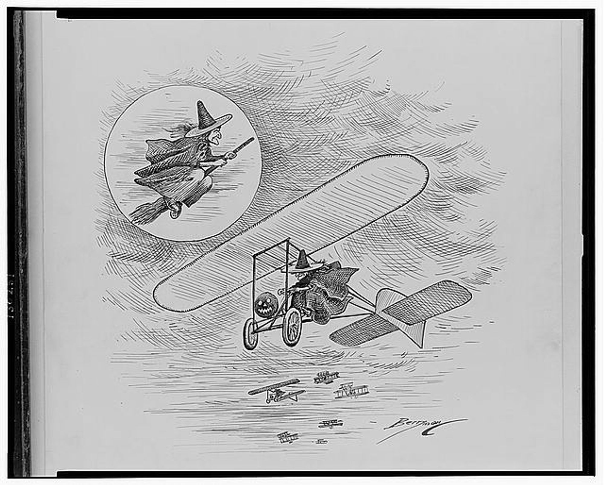 Drawing of two witches in the sky, one is flying on a broom and the other in an old timey plane