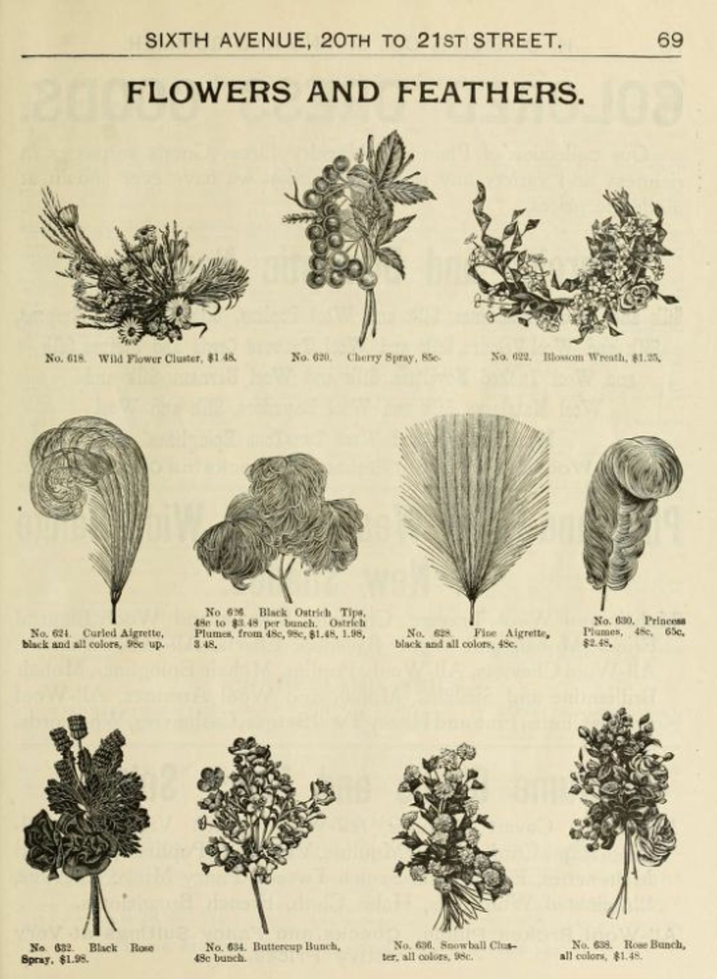 catalog page displaying several flowers and feathers to accent a hat. Includes cherry spray, black roses, buttercups, snowballs,  aigrette and ostrich plumes,  and wildflowers