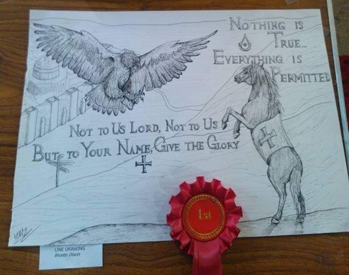 A fine line pen drawing of an eagle and a horse with a rug on its back with the templar cross both in opposing poses with a desert background and just a hint of the temple of Solomon on the left with the text "Nothing is true, Everything is permitted" and "Not to us lord, not to us but to your name give the glory"