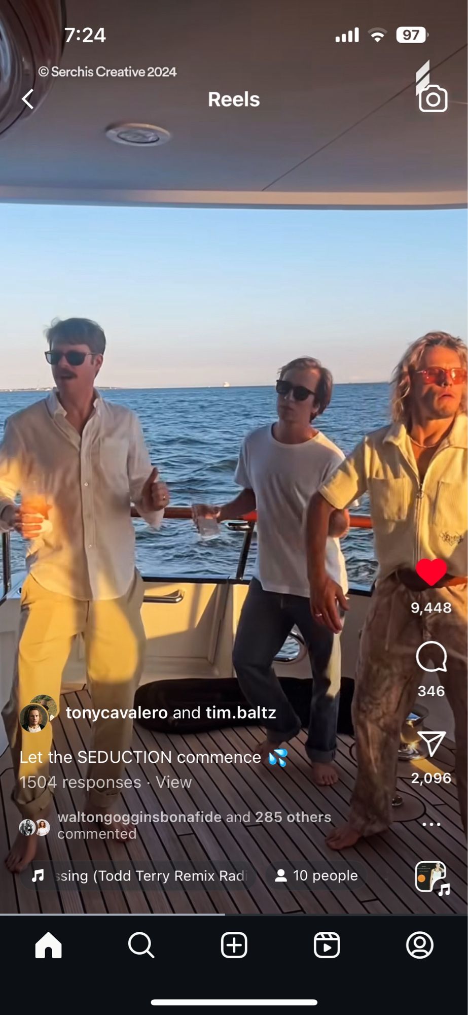 Tony Cavalero (Keefe), Tim Baltz(BJ) and Skyler Gisondo (Gideon) from righteous gemstones vibing to miss you by everything but the girl on the back of a boat