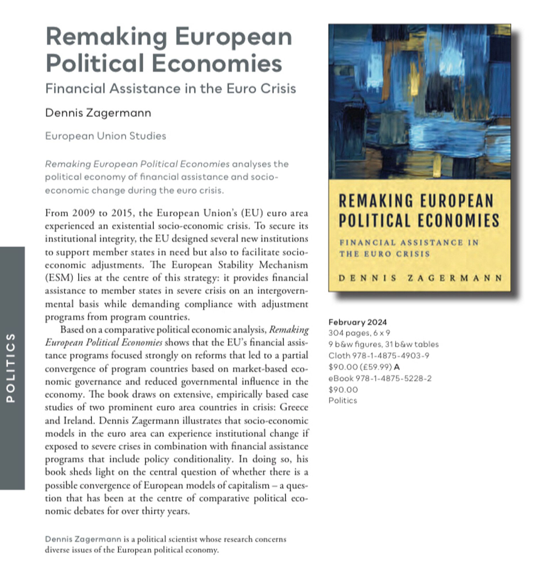 Verlagsvorschau für „Remaking European Political Economies“, das im März bei University of Toronto Press erscheint.