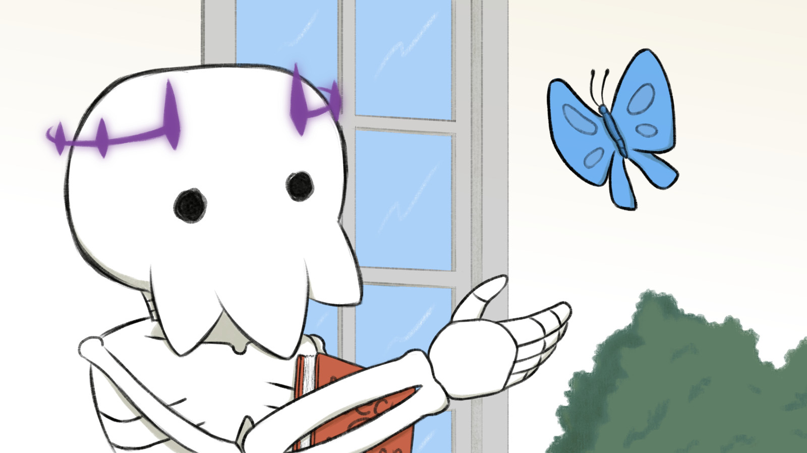 Cartoony skeleton holding a book while extending hand towards a blue butterfly - Is this a pigeon meme