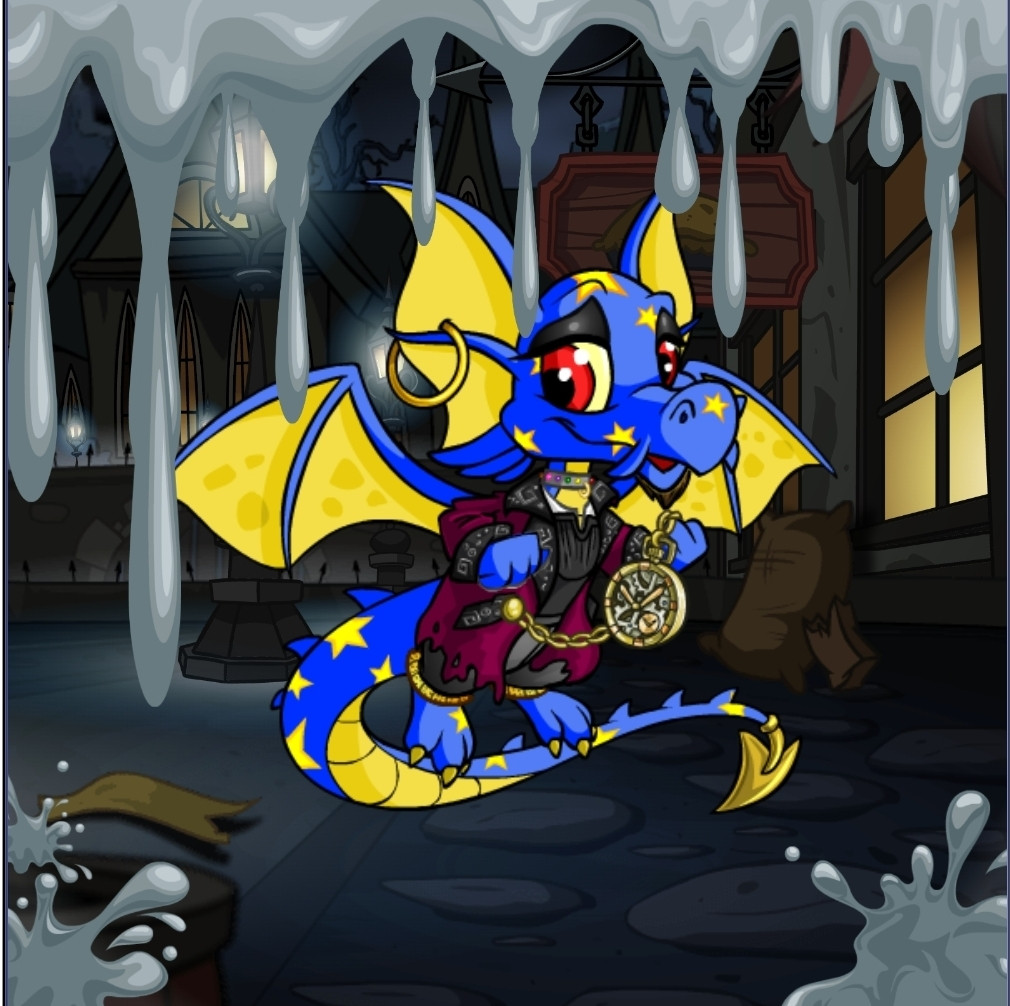 Screenshot of a Starry Draik Neopet in sort of a haunting Victorian-like town. Grey drips down from above as we're all drowning in grey in the current Neopets plot. 