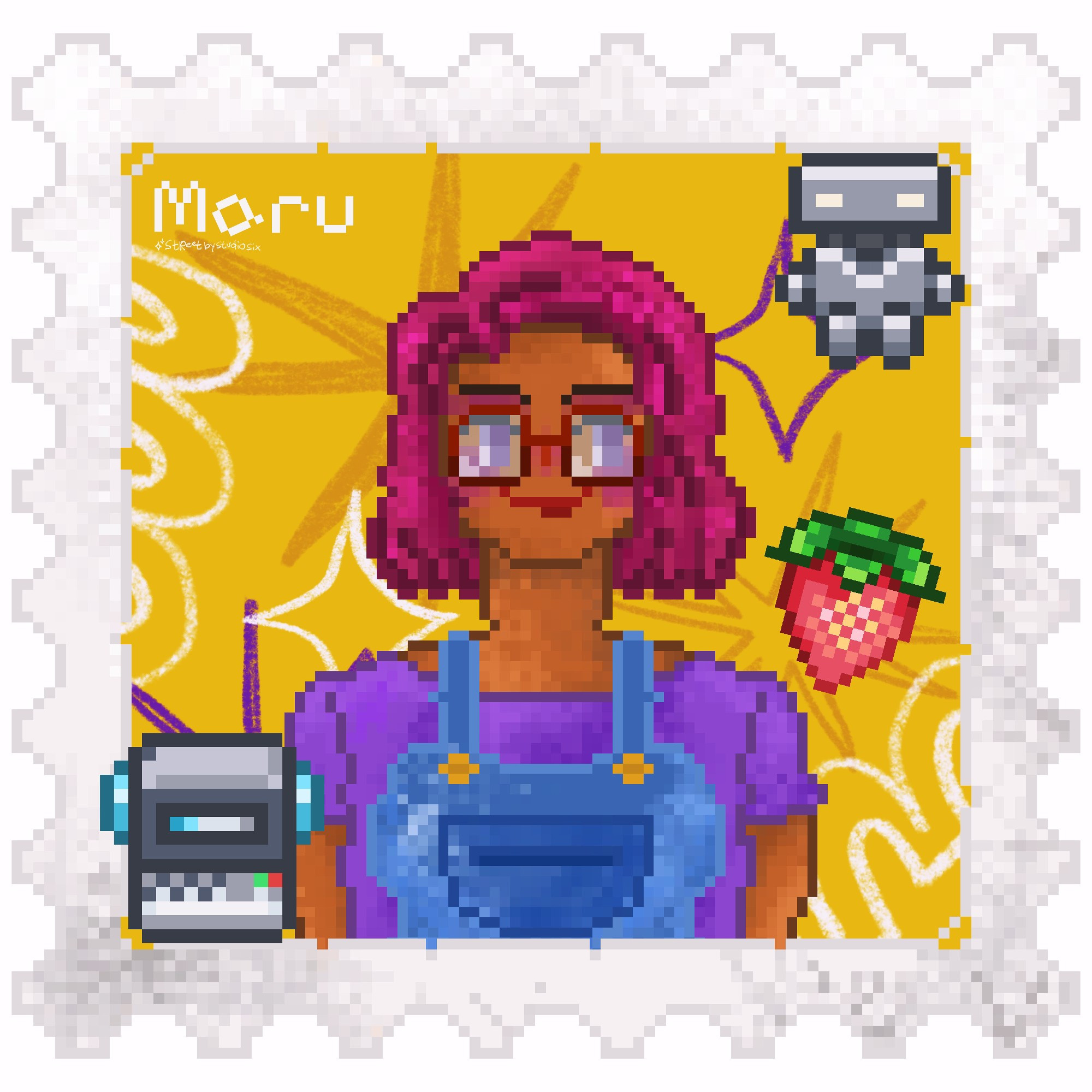 Fanart in pixel art of Stardew Valley bachelorette, Maru. With a pixel robot, strawberry, and a computer.