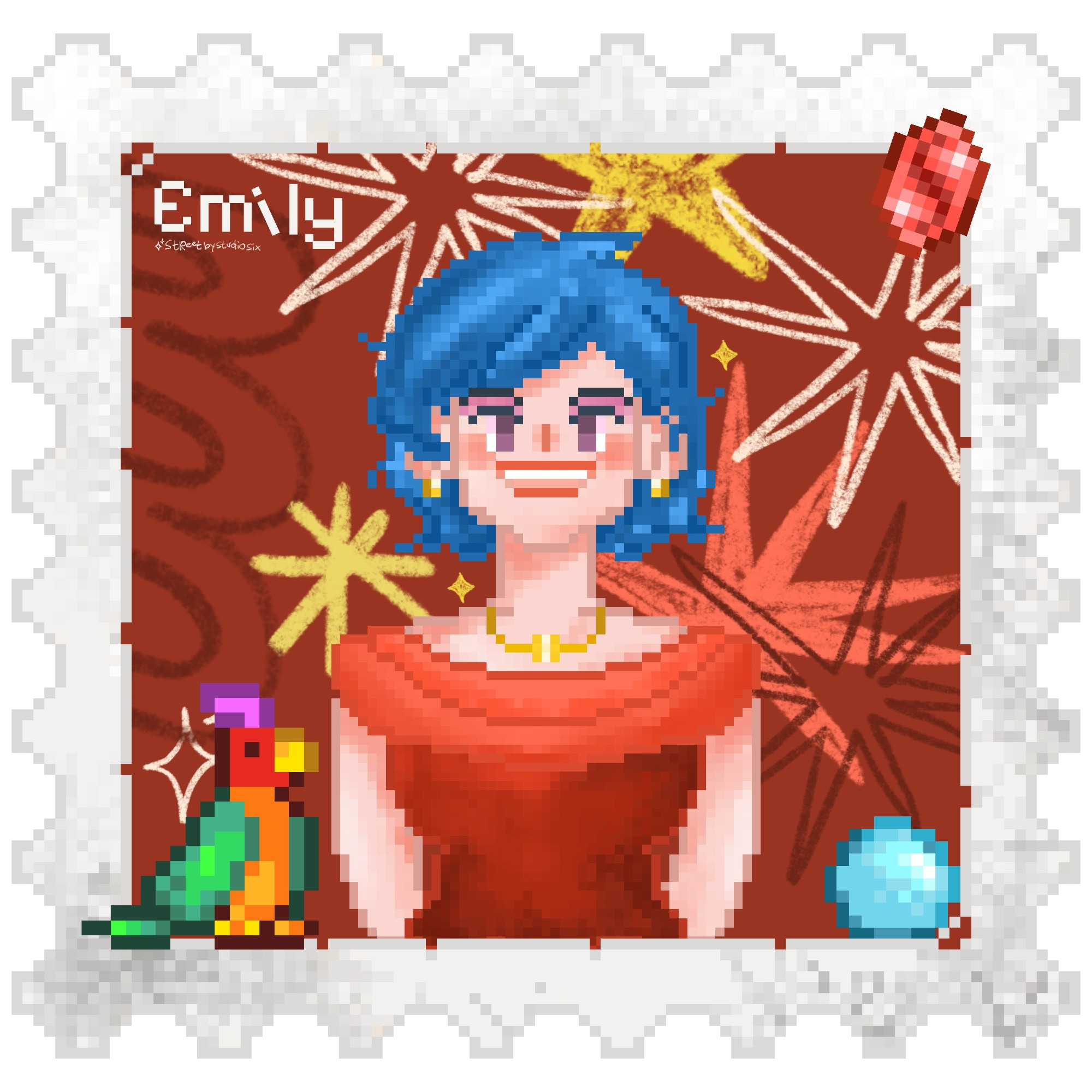 Fanart of Stardew valley’s bachelorette, Emily in pixel art with a aquamarine, ruby, and a parrot. Made in procreate.