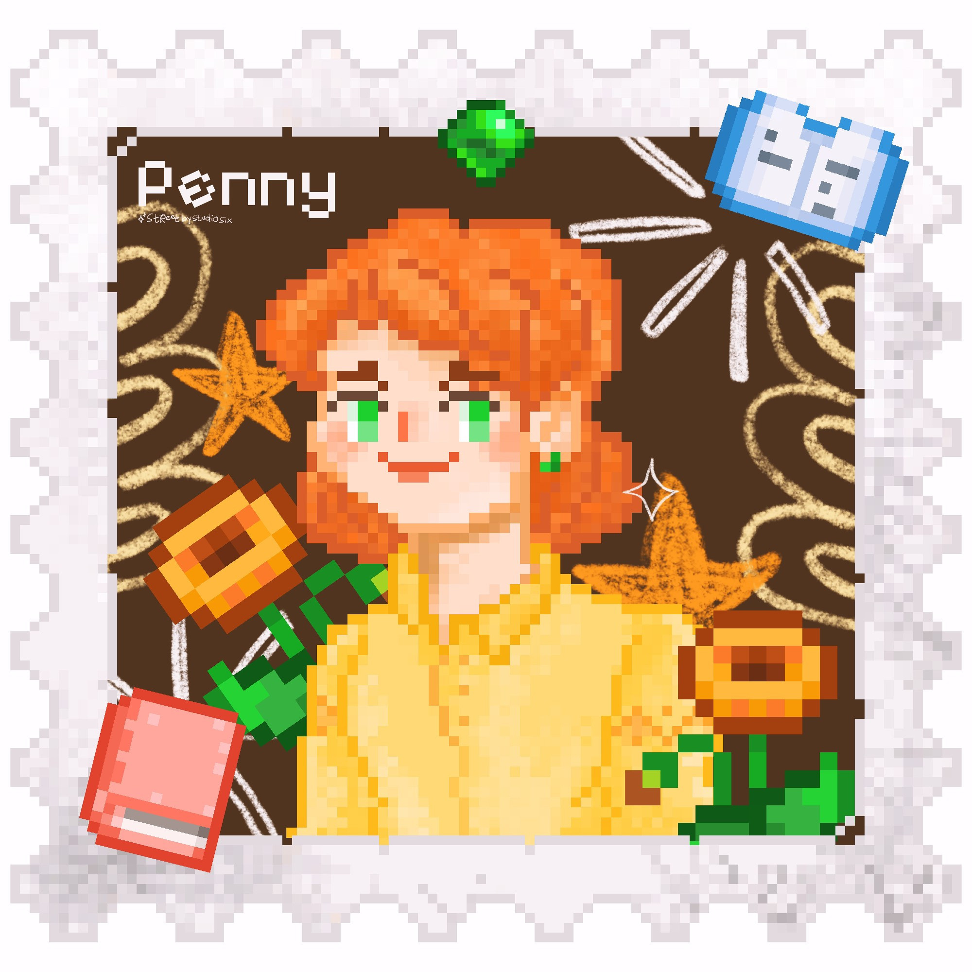 The fanart of Stardew Valley bachelorette, Penny with a book, an emerald stone, and poppy flowers. In pixel art