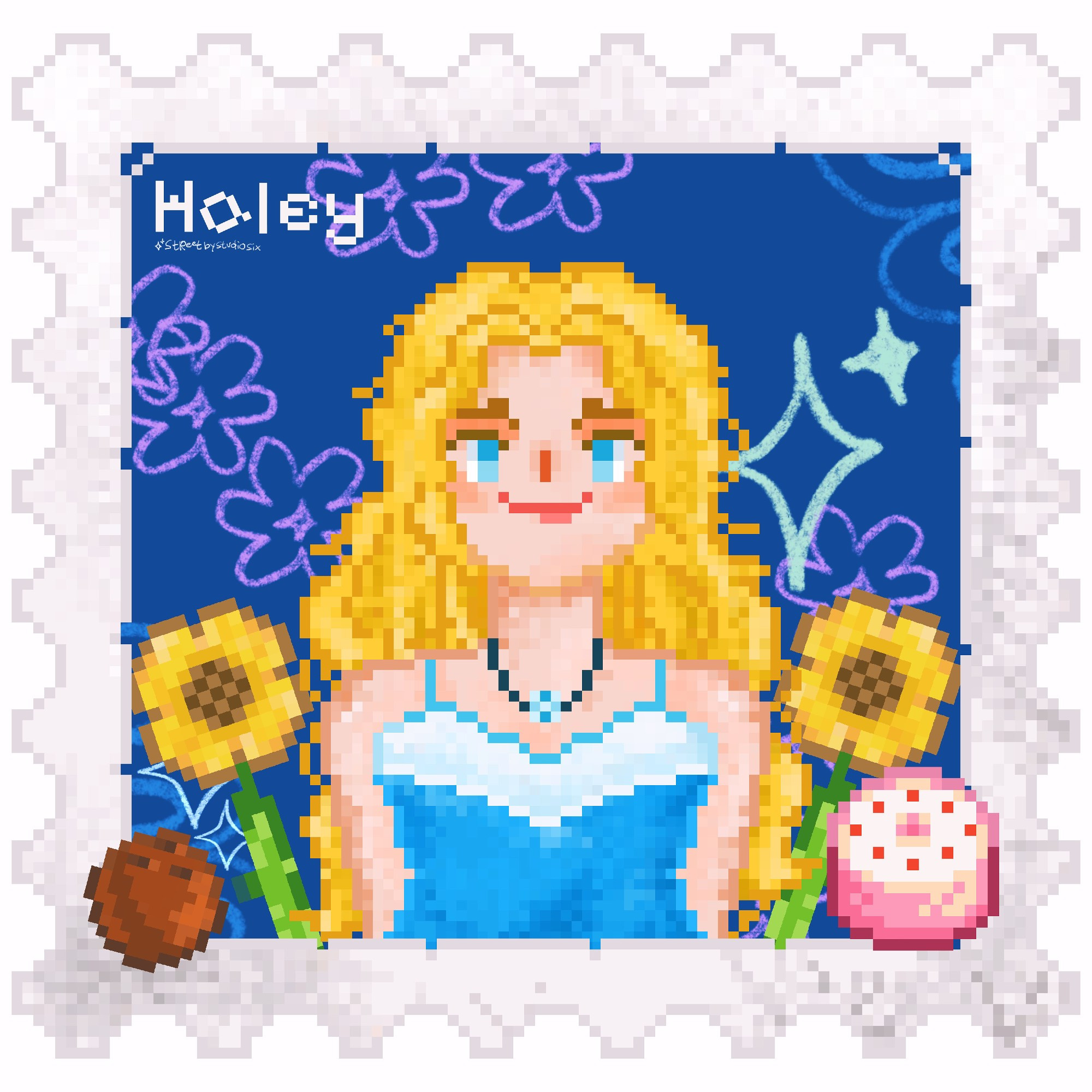 Fanart of Stardew Valley’s bachelorette, Haley in pixel art with sunflowers, pink cake, and coconut.